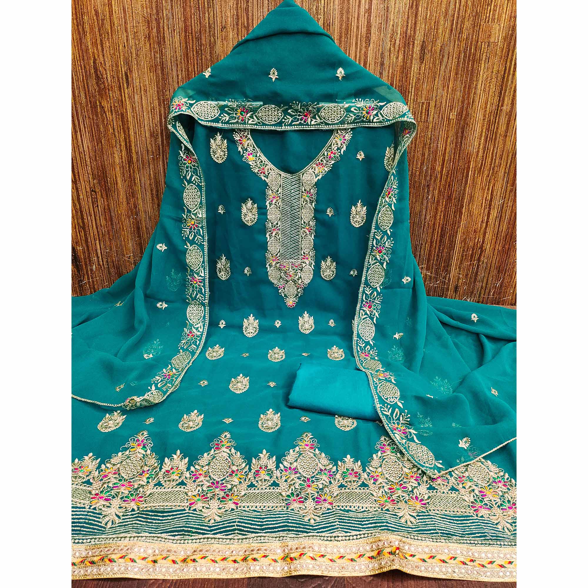Rama Blue Floral Embroidered Georgette Dress Material