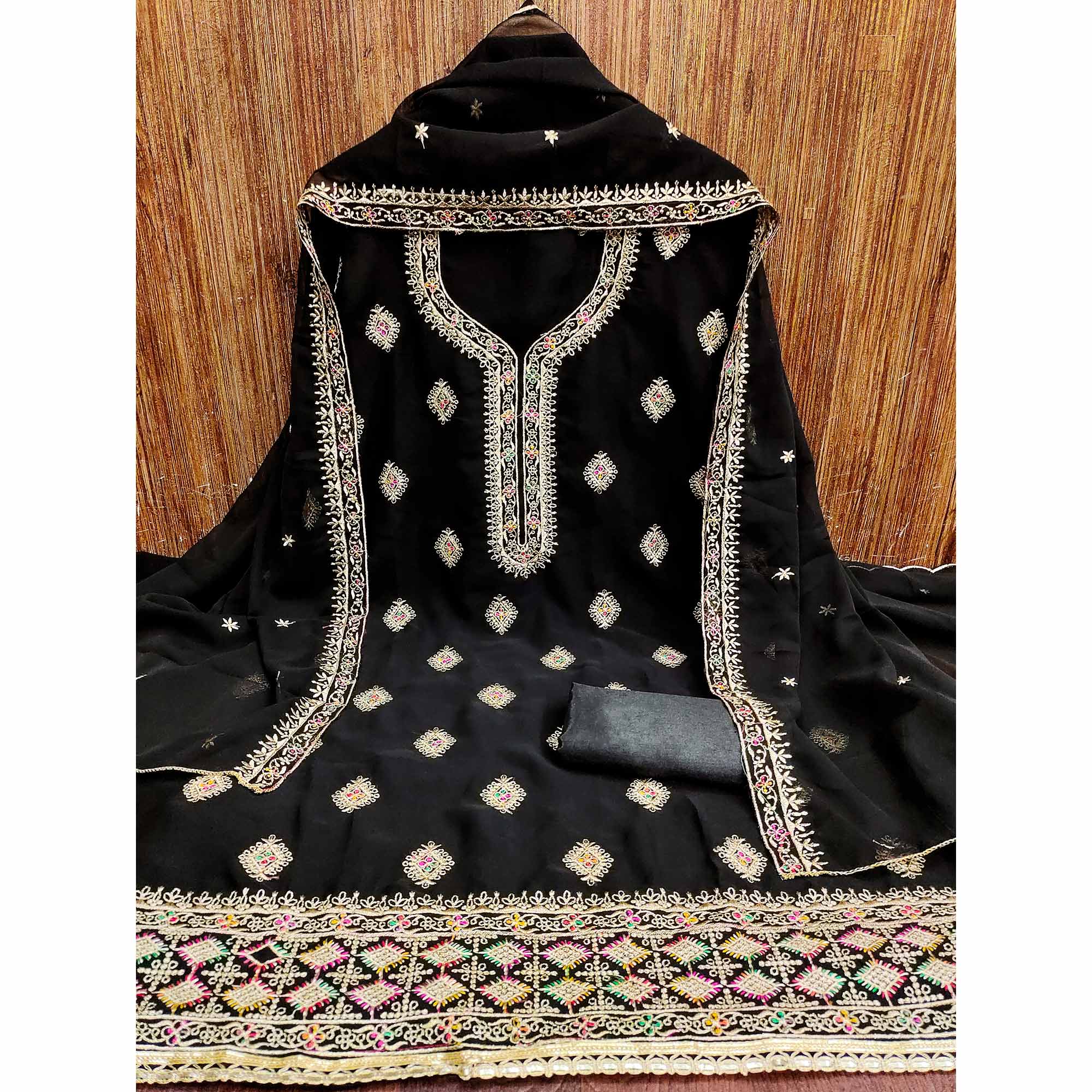 Black Floral Embroidered Georgette Dress Material