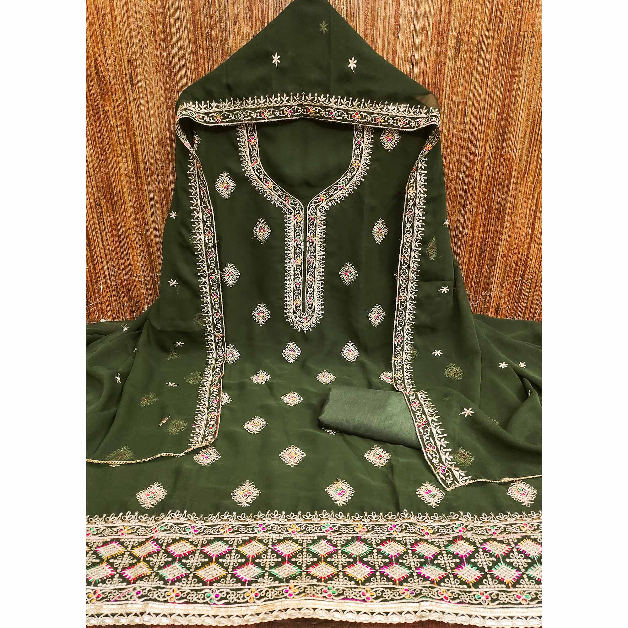 Mehendi Green Floral Embroidered Georgette Dress Material