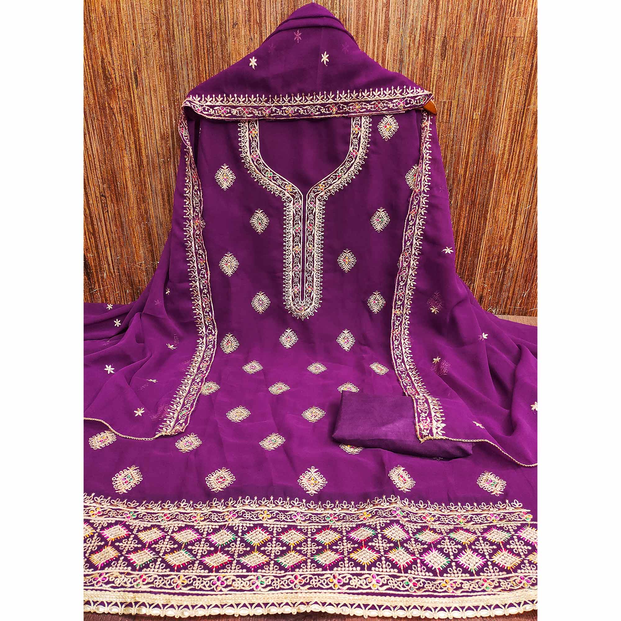 Purple Floral Embroidered Georgette Dress Material