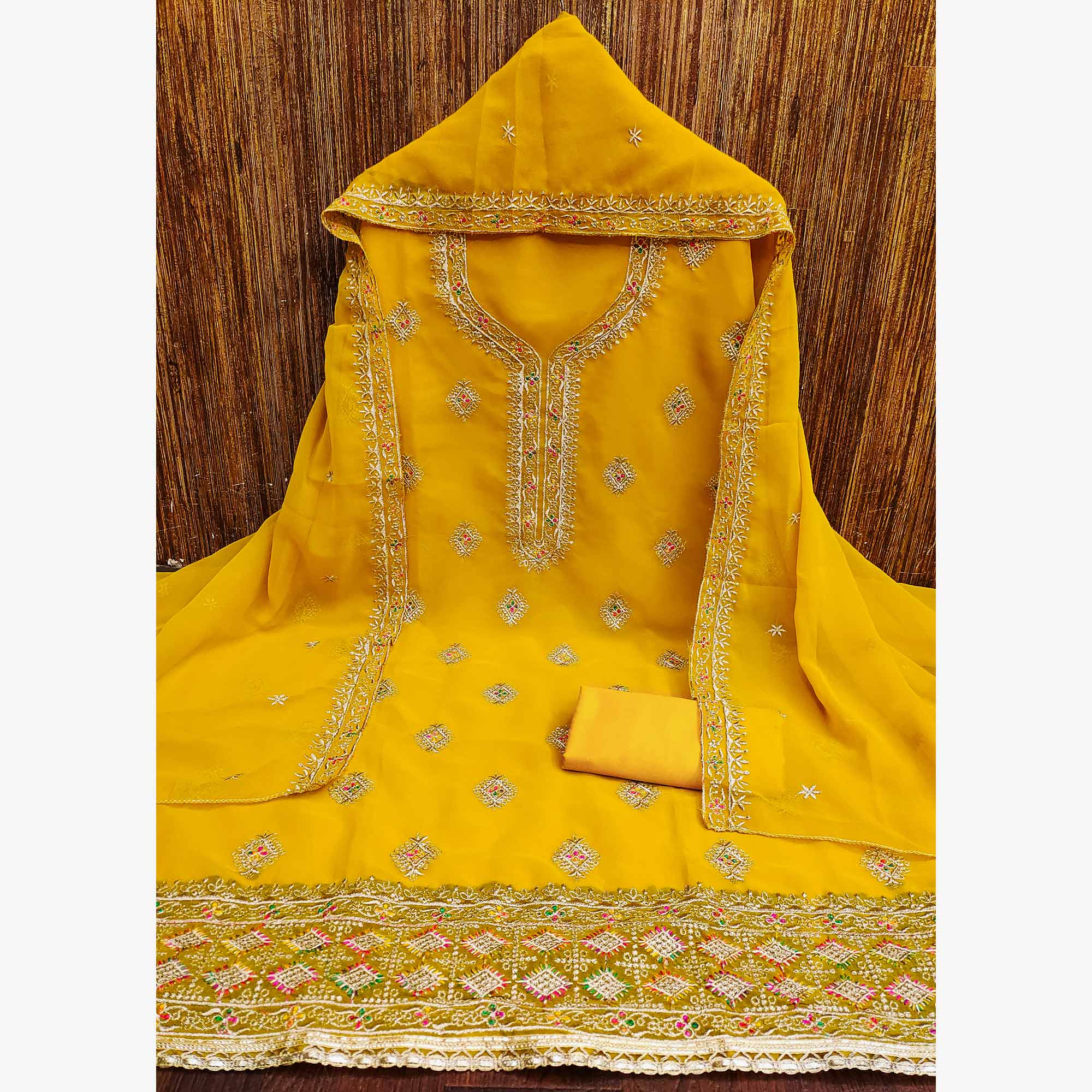 Yellow Floral Embroidered Georgette Dress Material