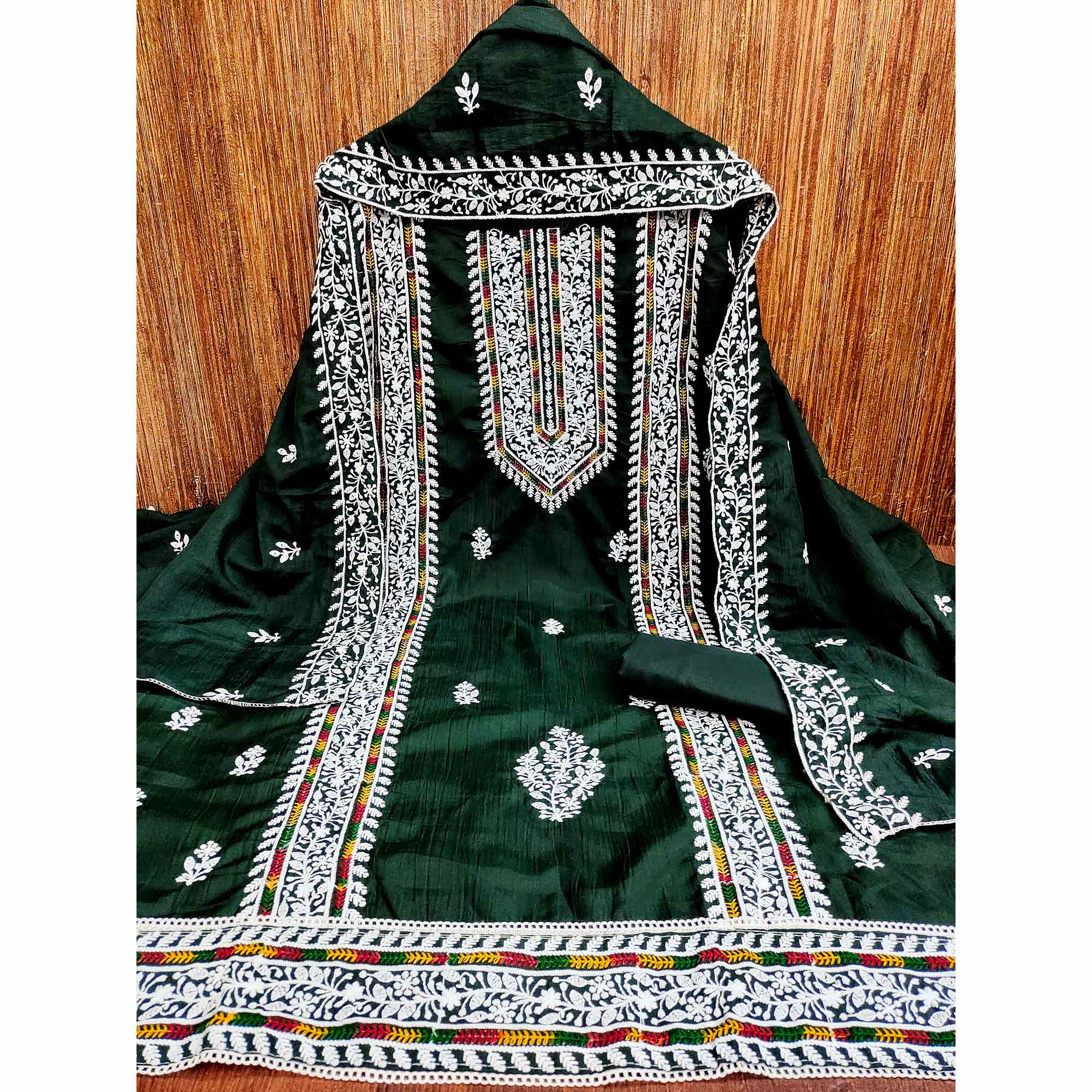 Green Floral Embroidered Cotton Silk Dress Material