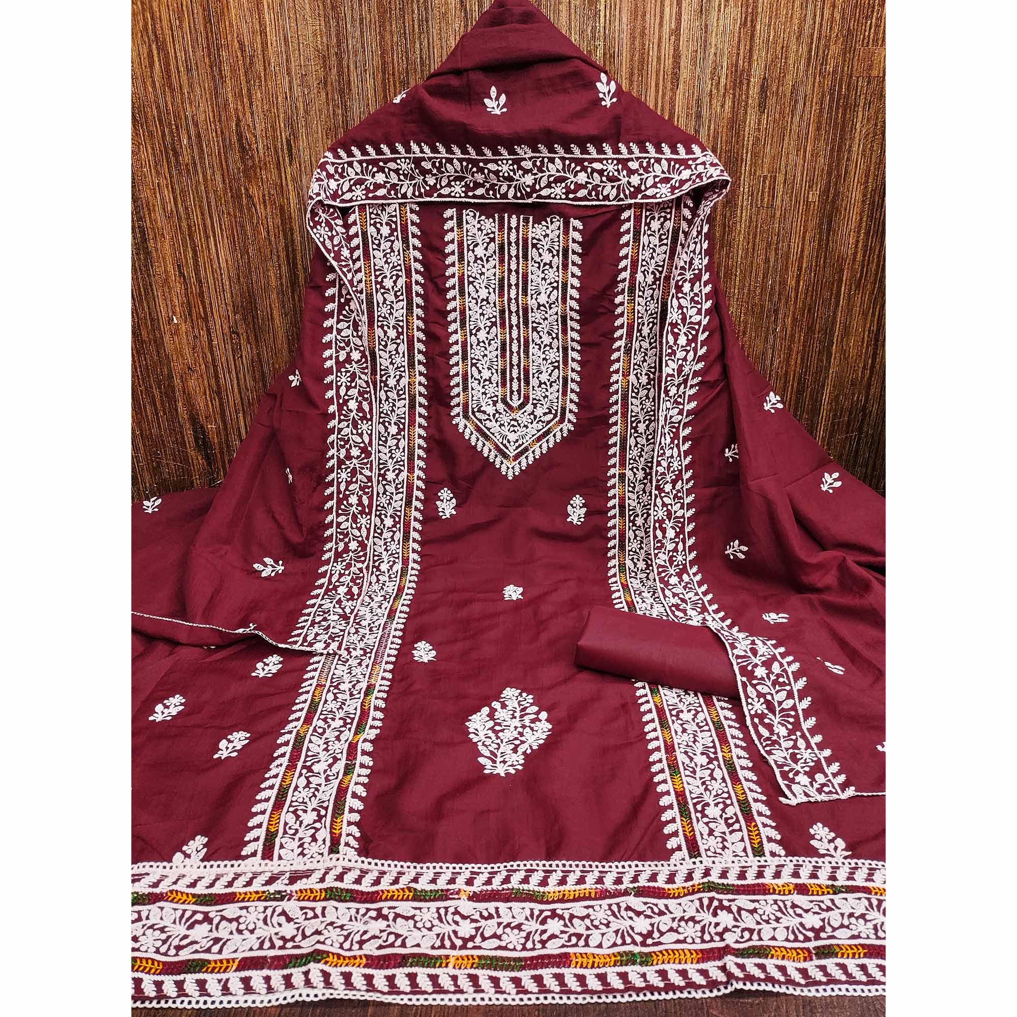 Maroon Floral Embroidered Cotton Silk Dress Material