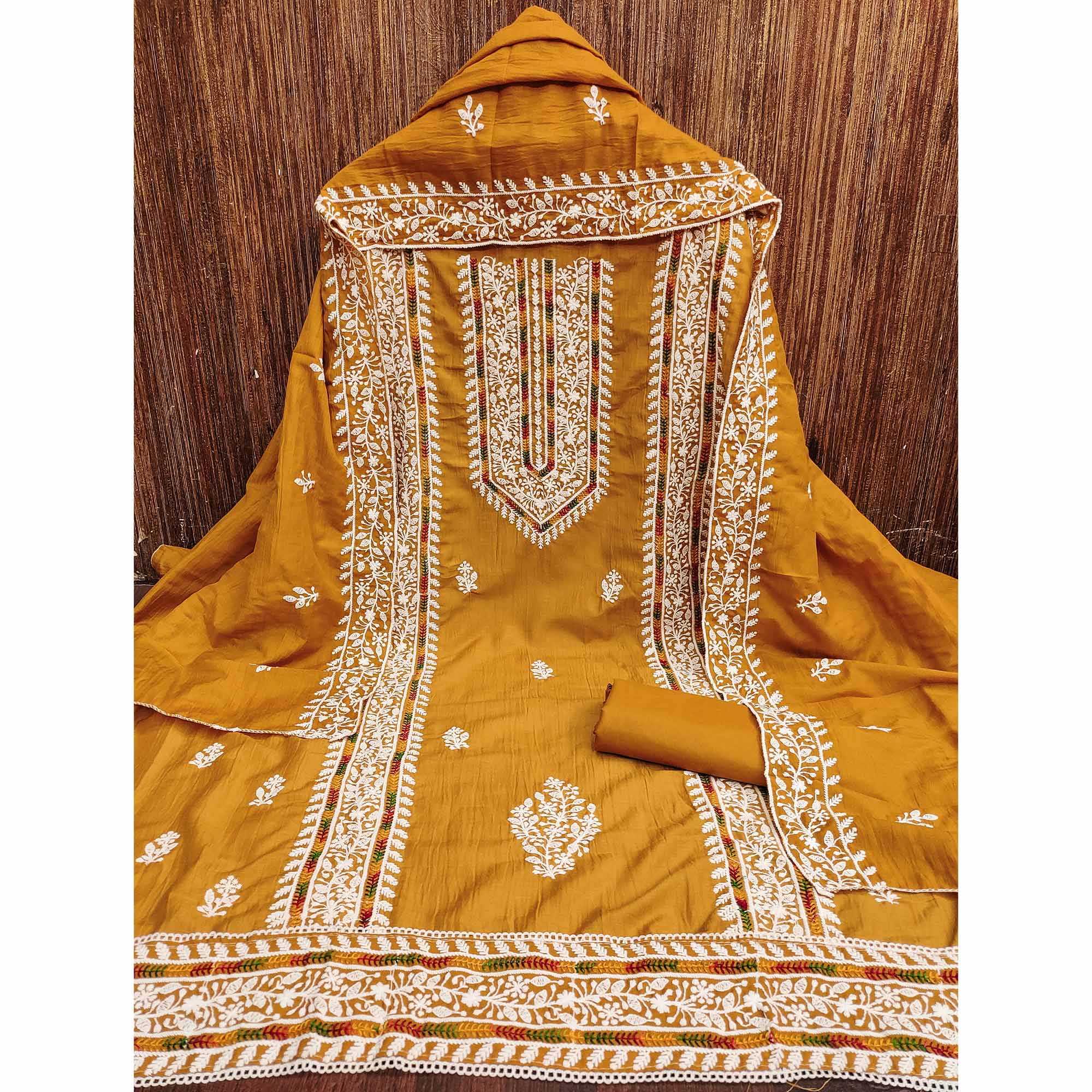 Mustard Floral Embroidered Cotton Silk Dress Material