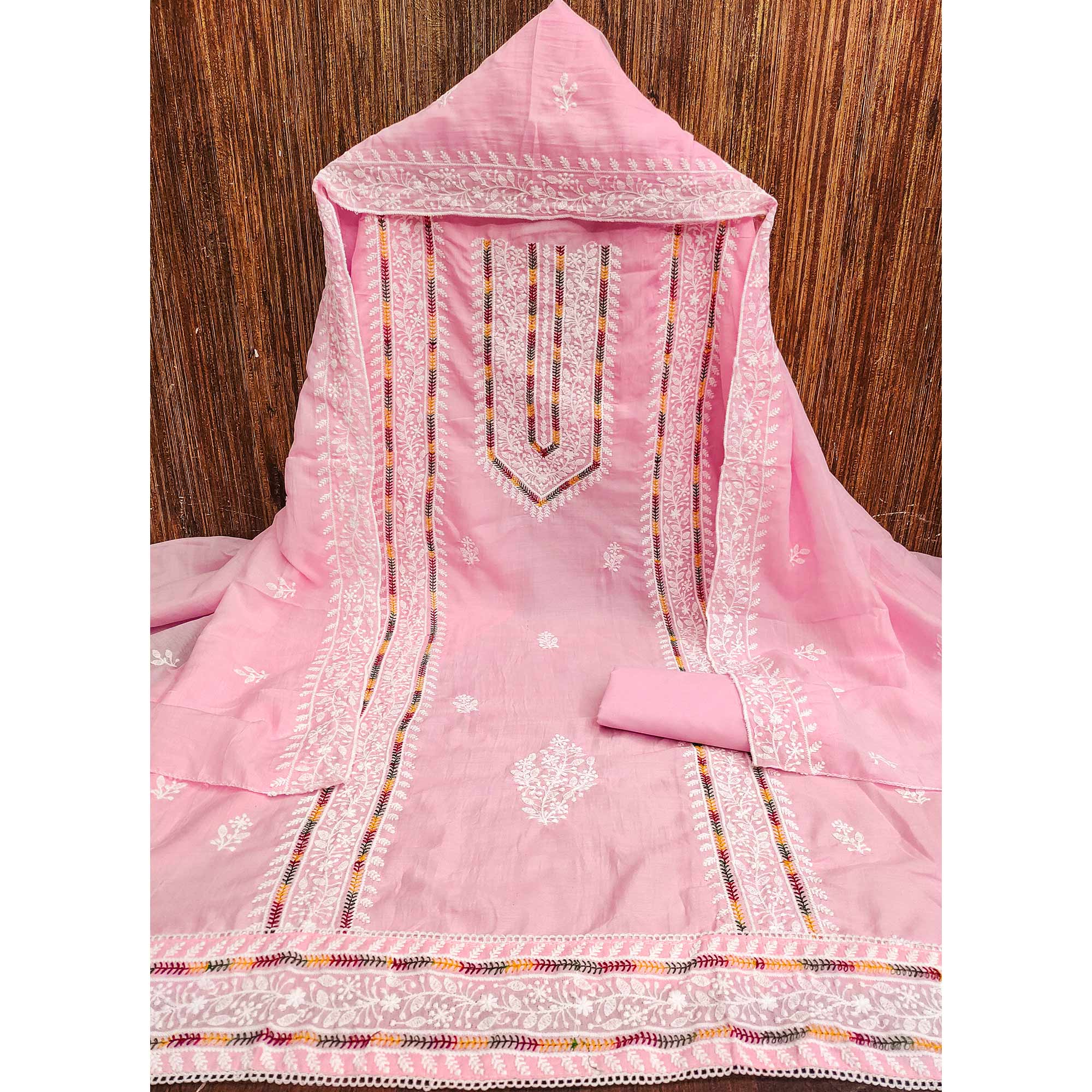 Pink Floral Embroidered Cotton Silk Dress Material