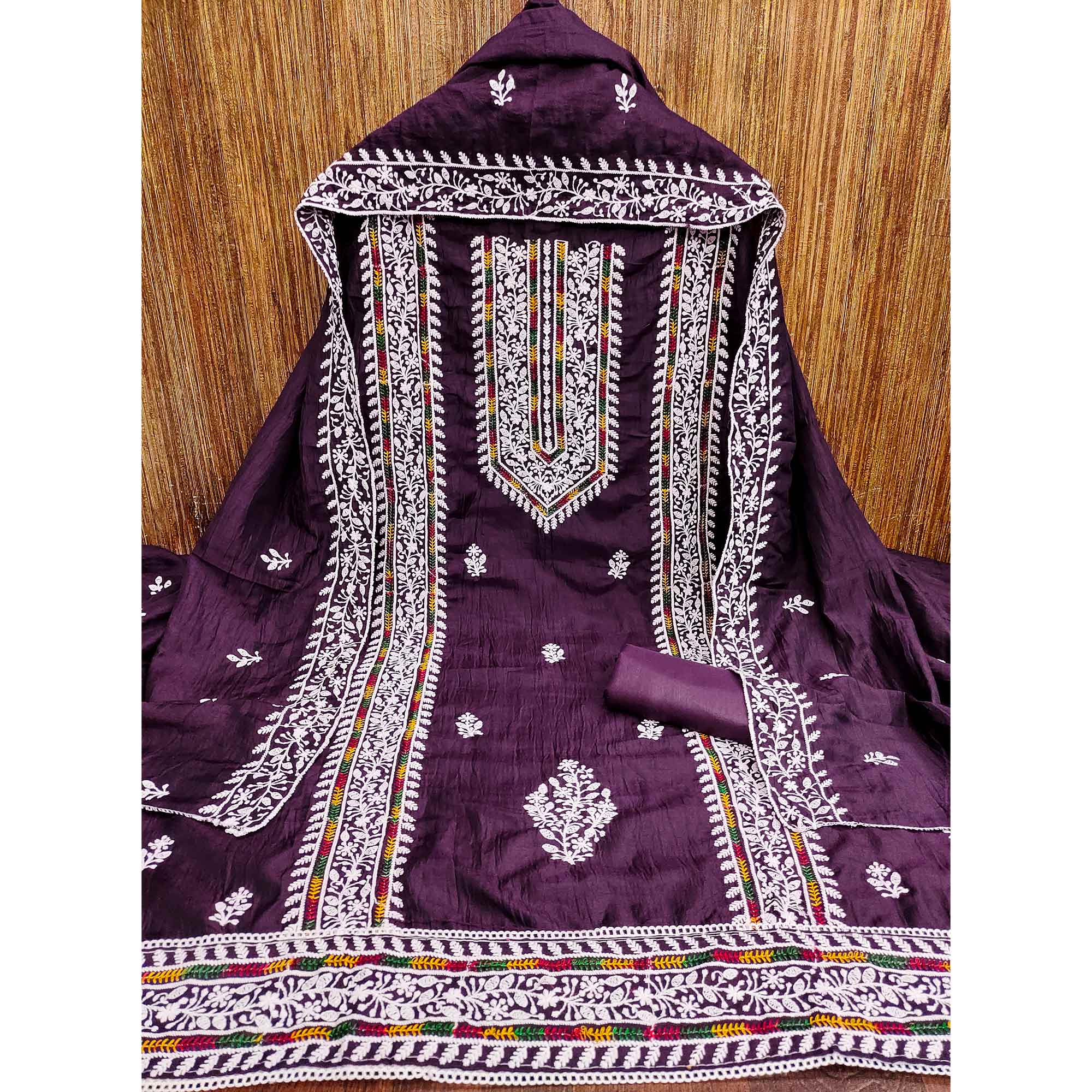 Purple Floral Embroidered Cotton Silk Dress Material