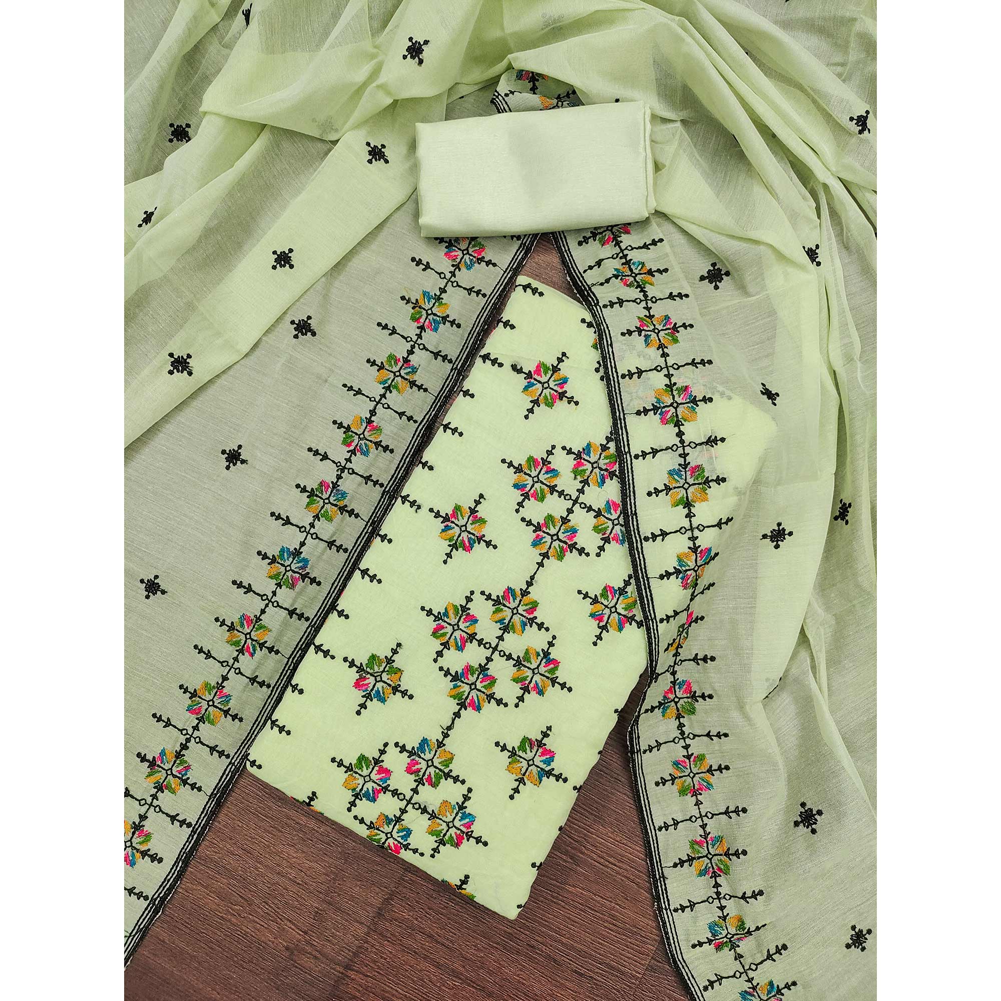 Green Embroidered Chanderi Cotton Dress Material