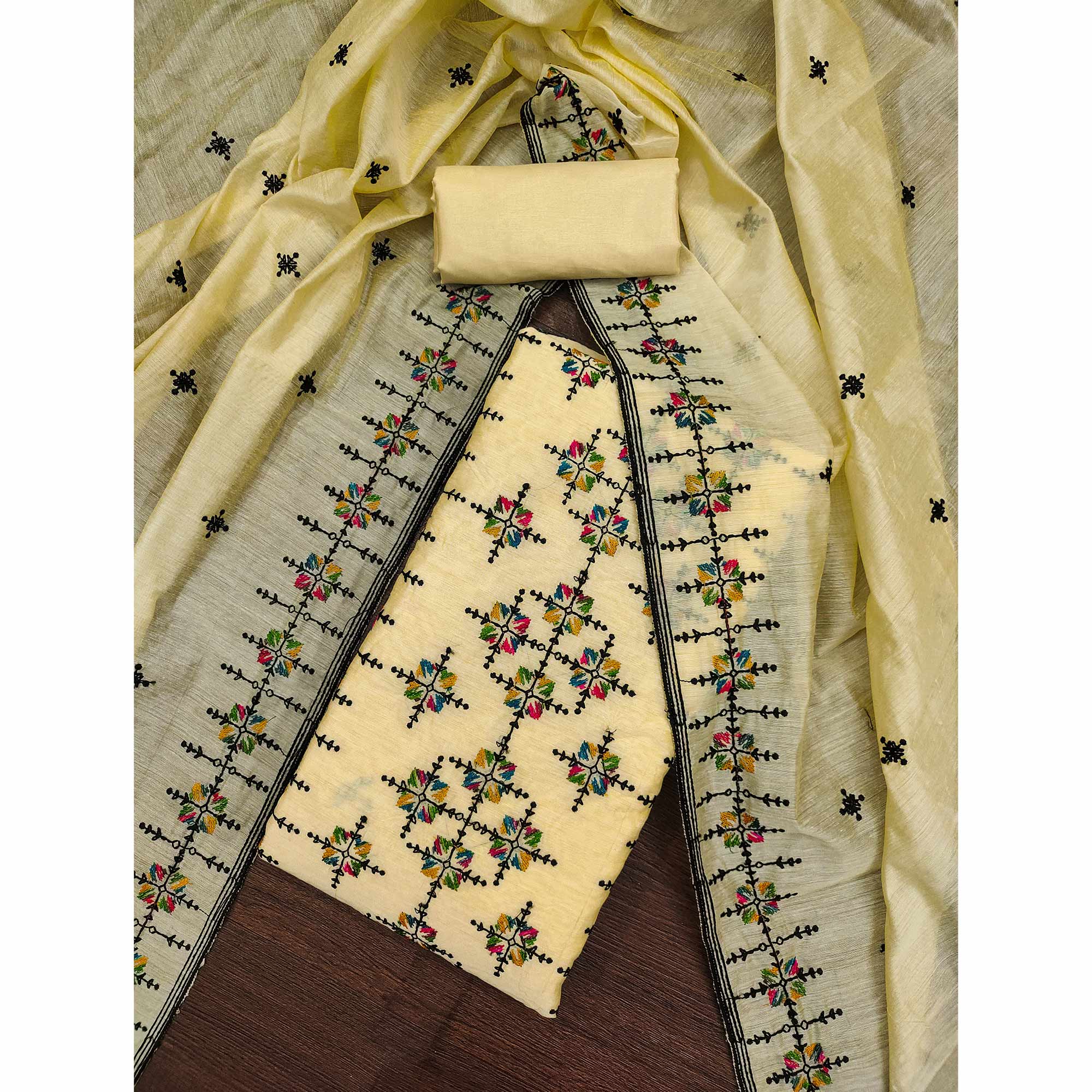 Yellow Embroidered Chanderi Cotton Dress Material