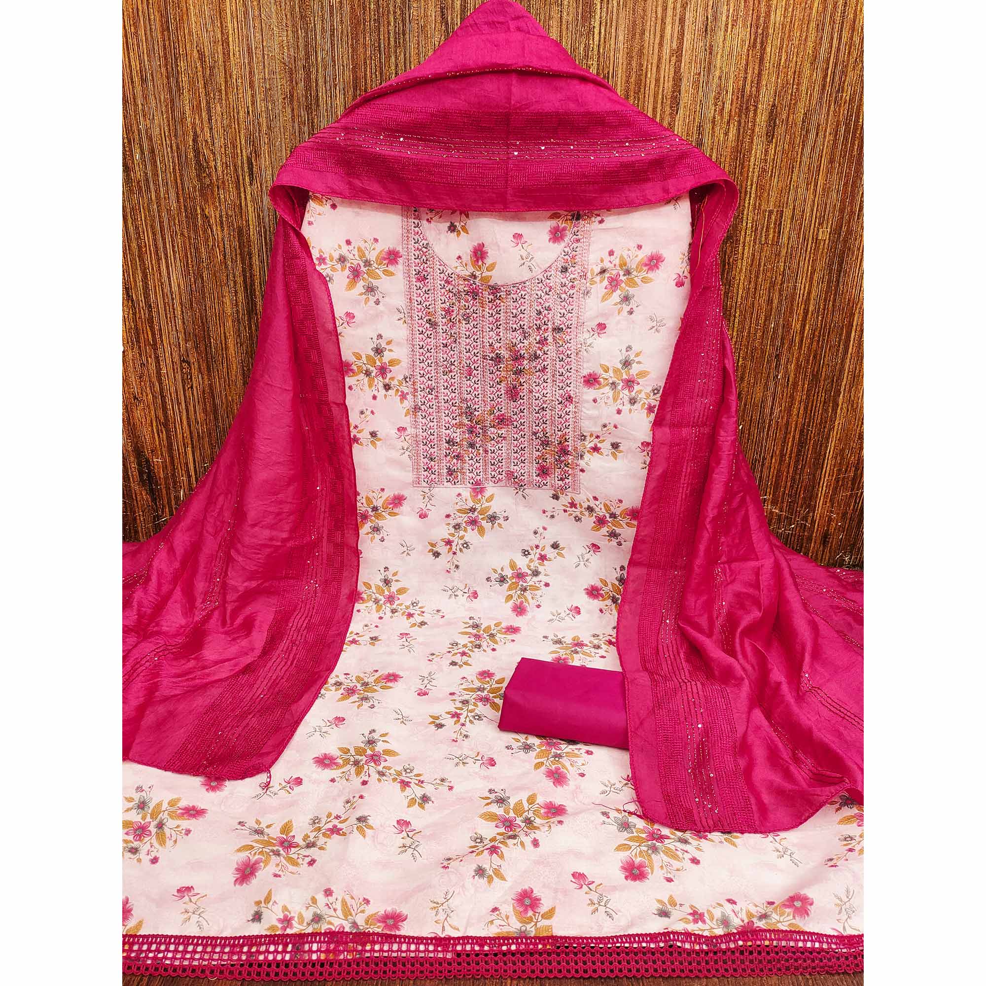 White & Rani Pink Cotton Blend Dress Material With Floral Digital Print & Embroidery