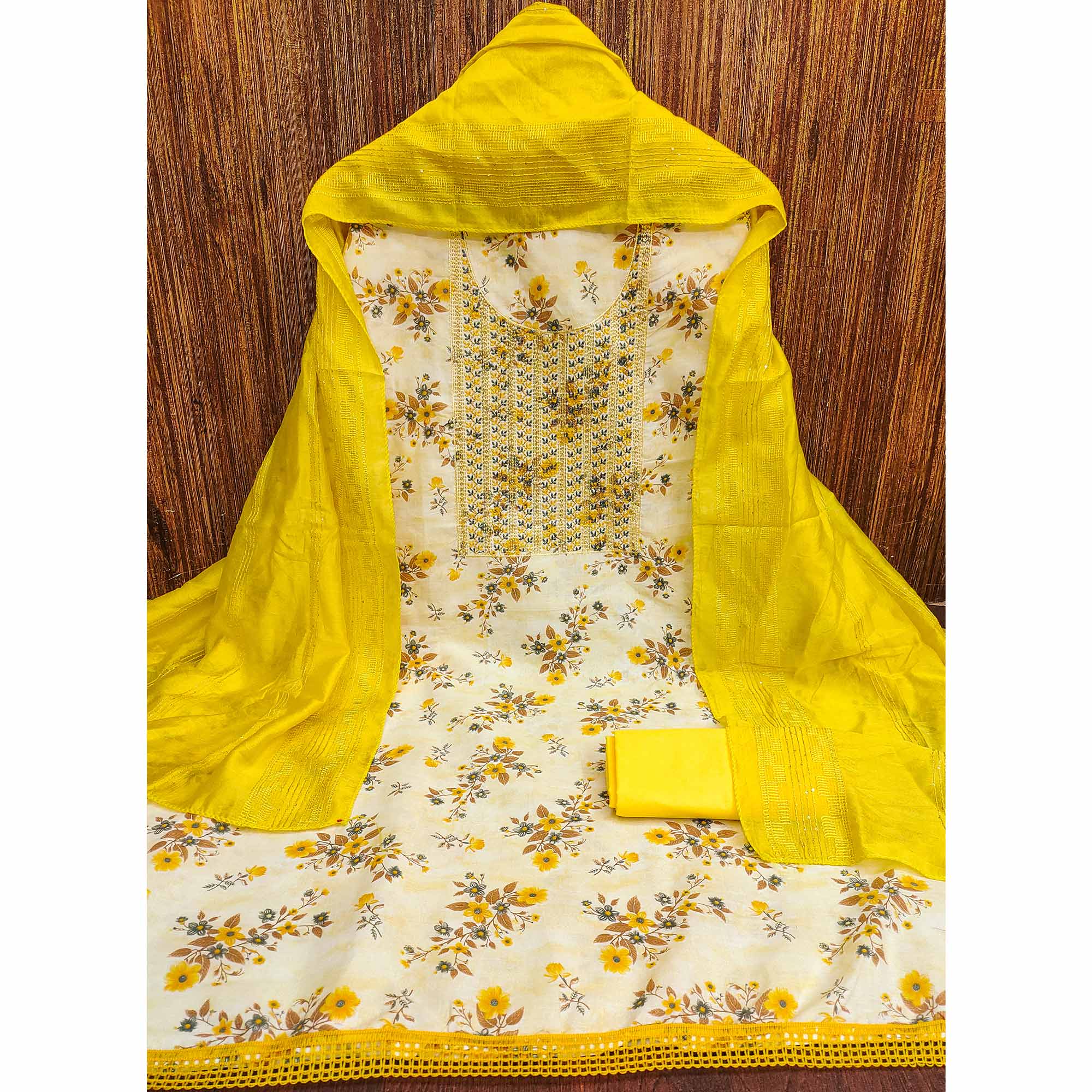White & Yellow Cotton Blend Dress Material With Floral Digital Print & Embroidery