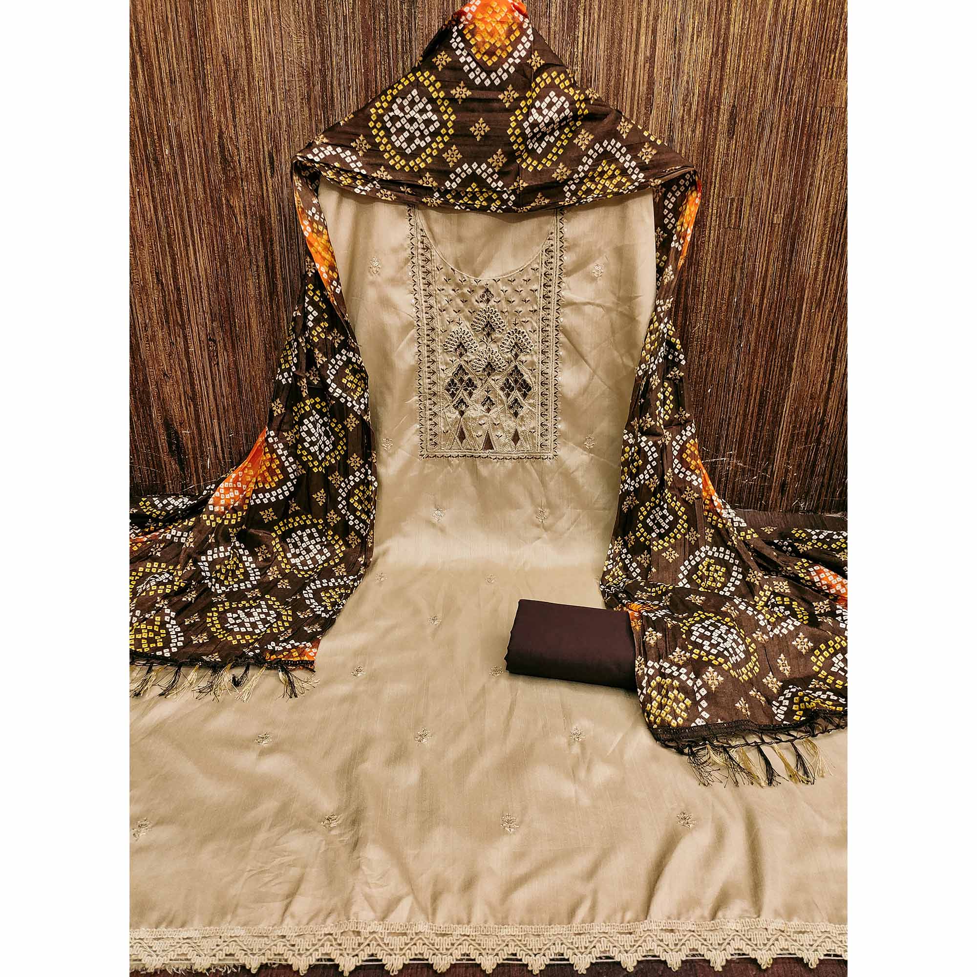 Beige Cotton Silk Dress Material With Delicate Floral Sequin Embroidery