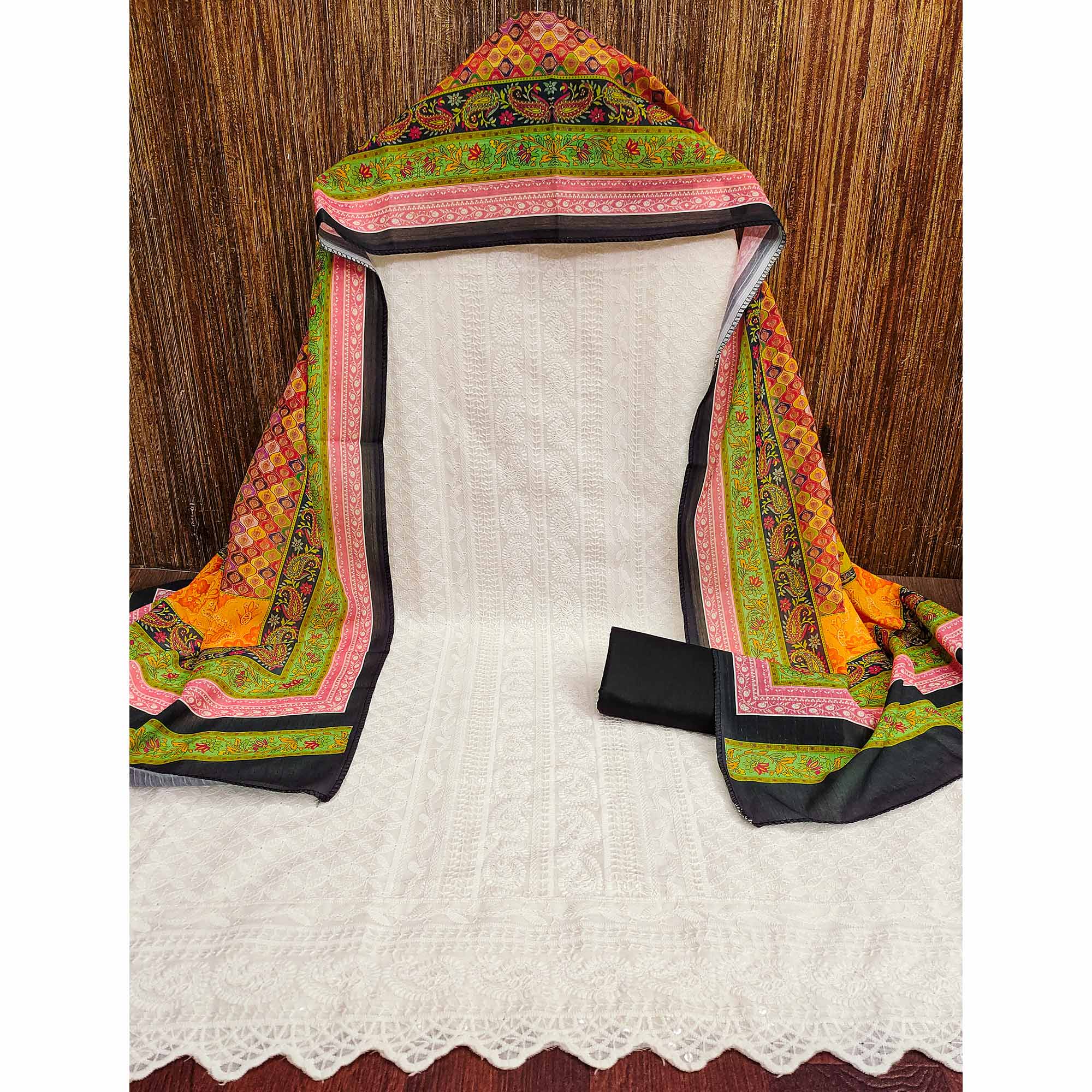 White & Black Cotton Blend Dress Material With Elegant Schiffli & Sequins Work