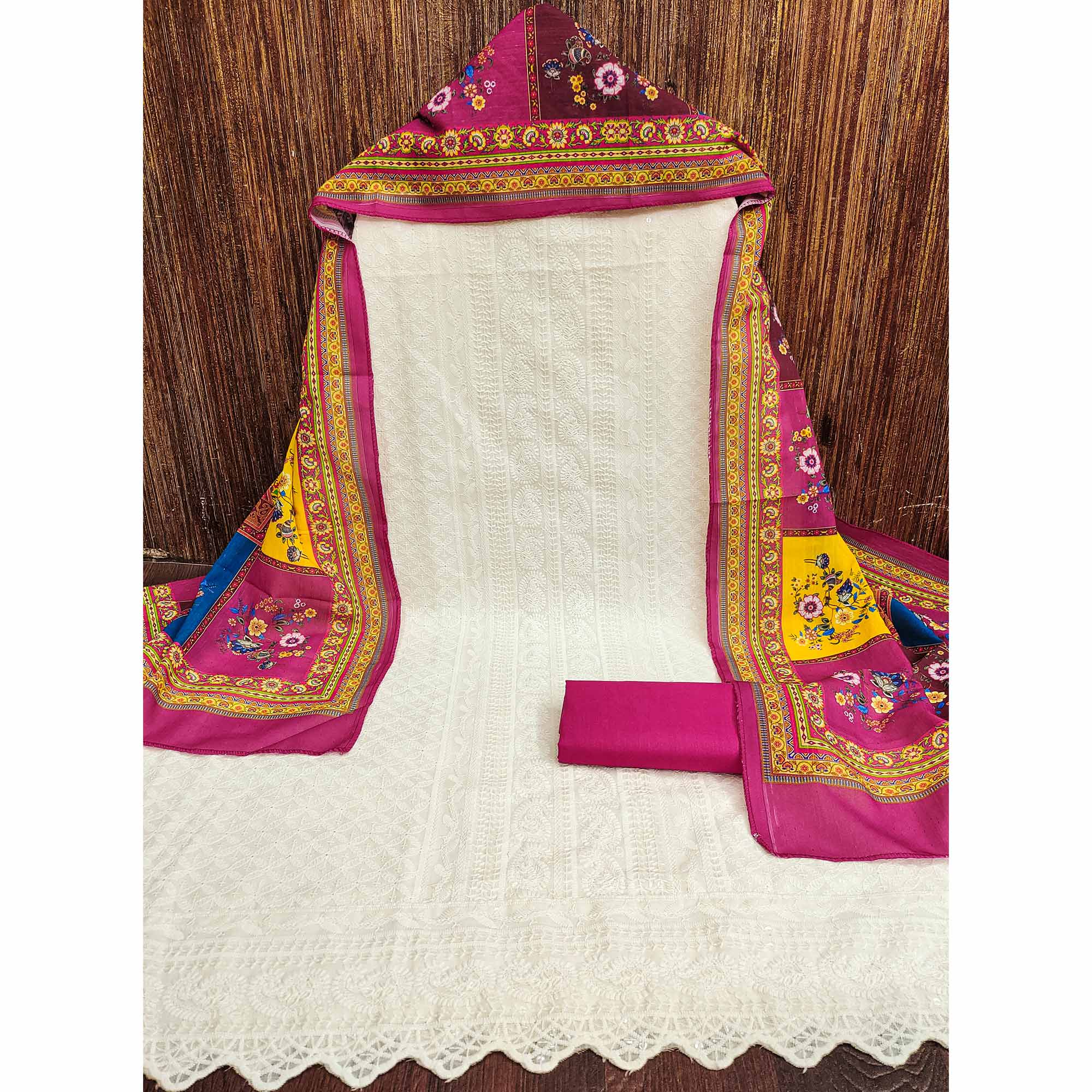 White & Pink Cotton Blend Dress Material With Elegant Schiffli & Sequins Work