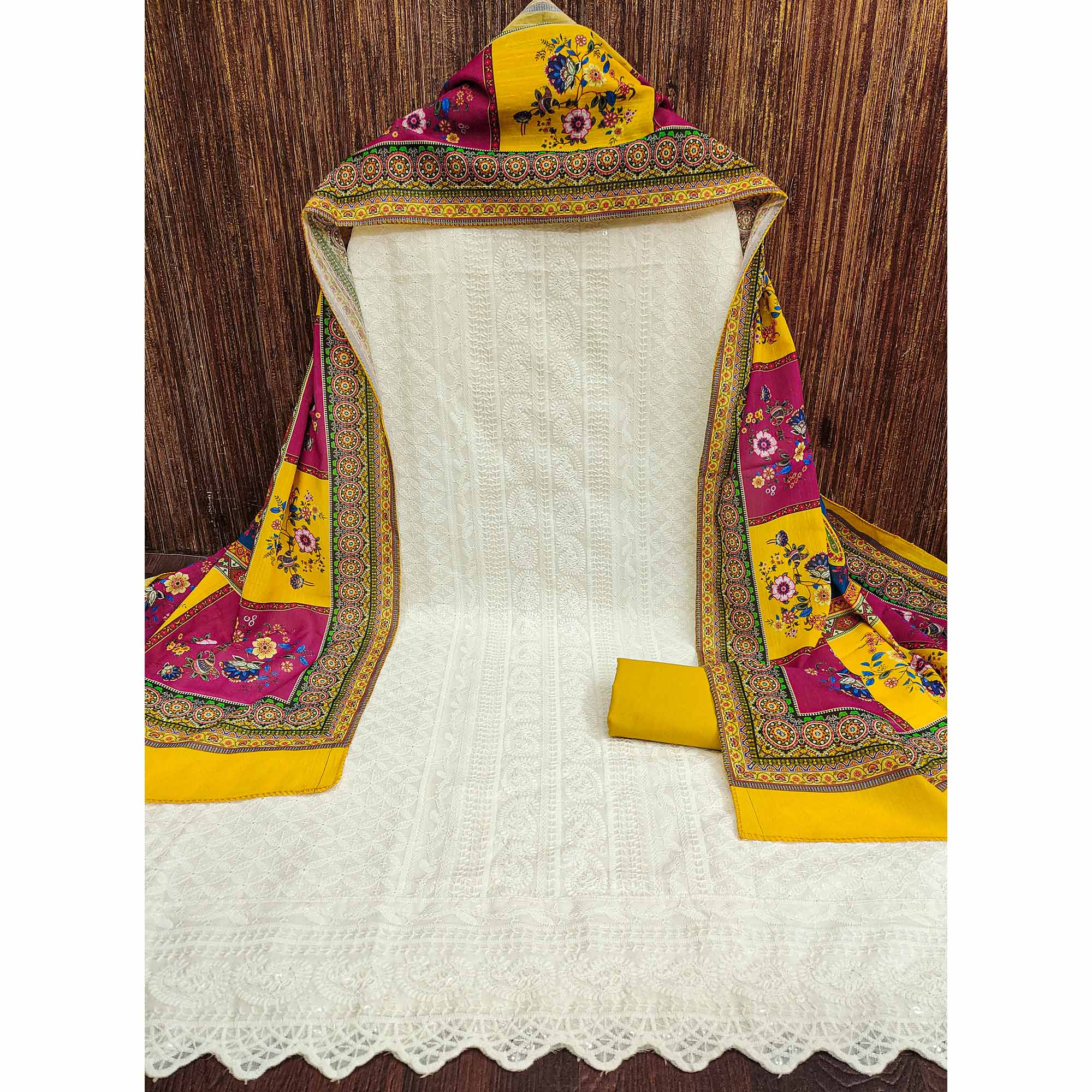 \White & Yellow Cotton Blend Dress Material With Elegant Schiffli & Sequins Work