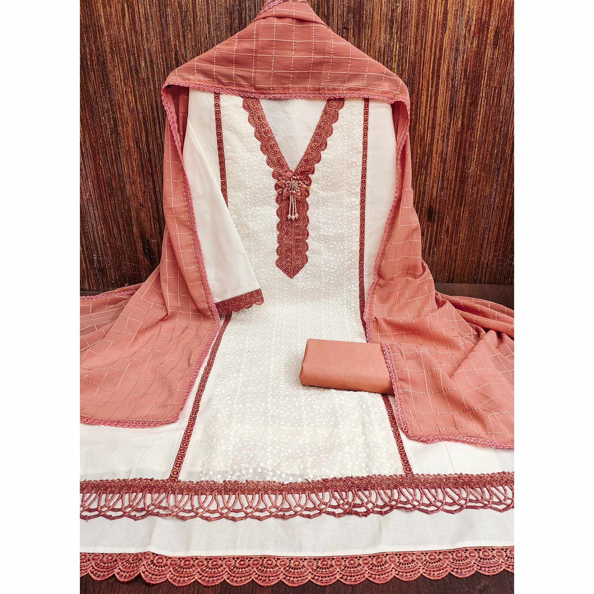 White & Dusty Peach Cotton Blend Dress Material With Elegant Schiffli & Sequins Work