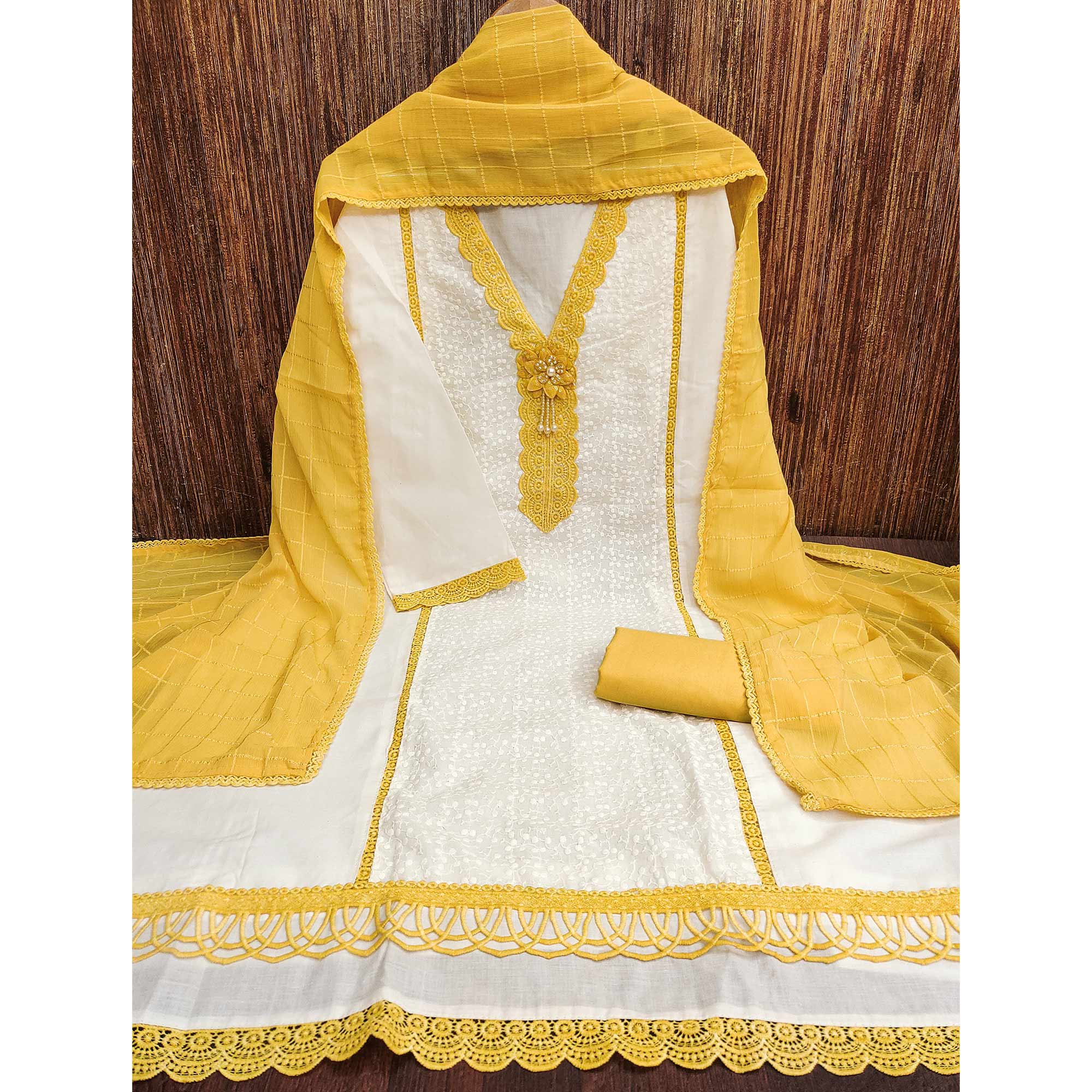 White & Yellow Cotton Blend Dress Material With Elegant Schiffli & Sequins Work
