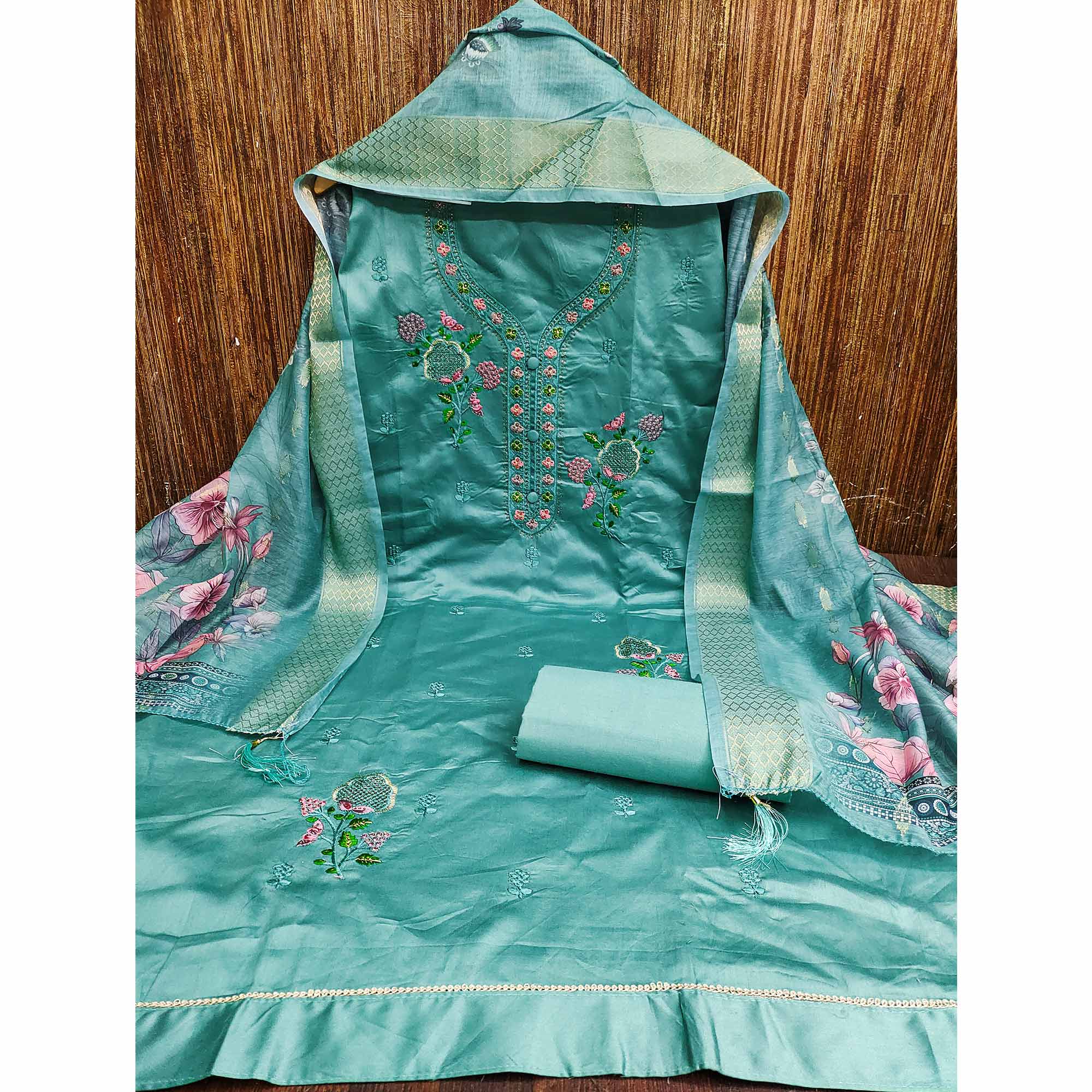 Elegant Turquoise Pure Cotton Dress Material Showcasing Fine Floral Embroidery & Swarovski Work