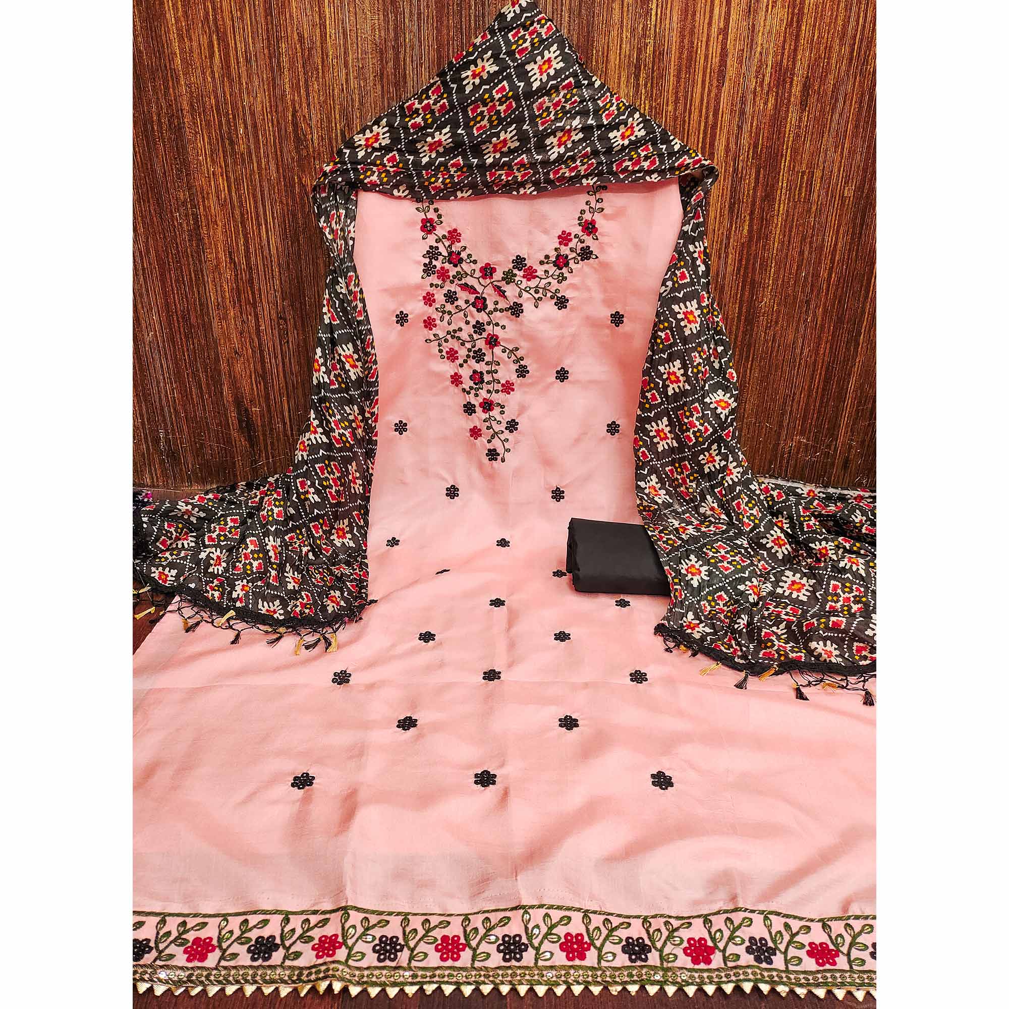 Peach Floral Sequins Embroidered Cotton Silk Dress Material