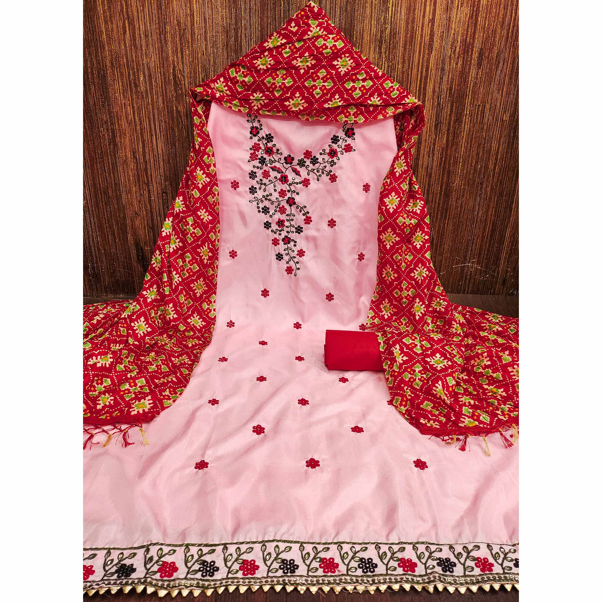 Pink Floral Sequins Embroidered Cotton Silk Dress Material