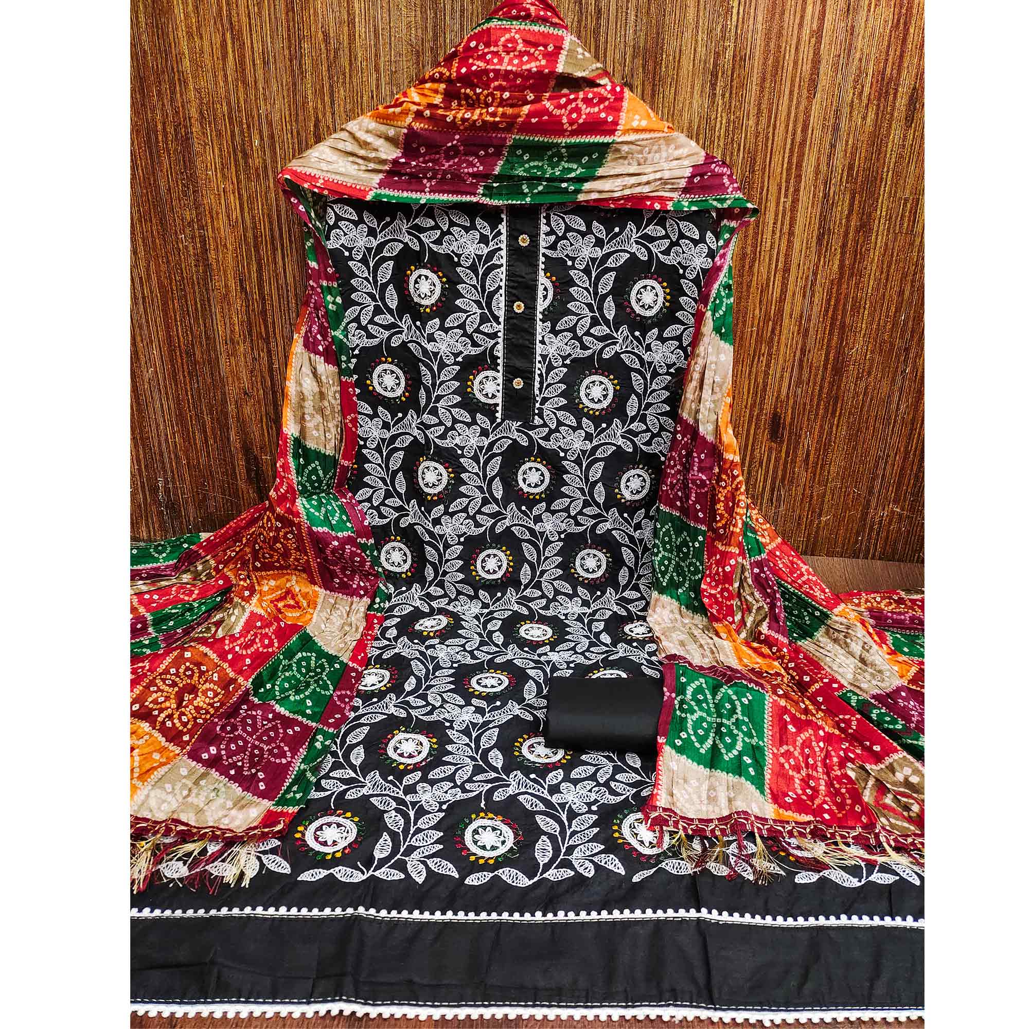 Black Floral Embroidered Cotton Blend Dress Material