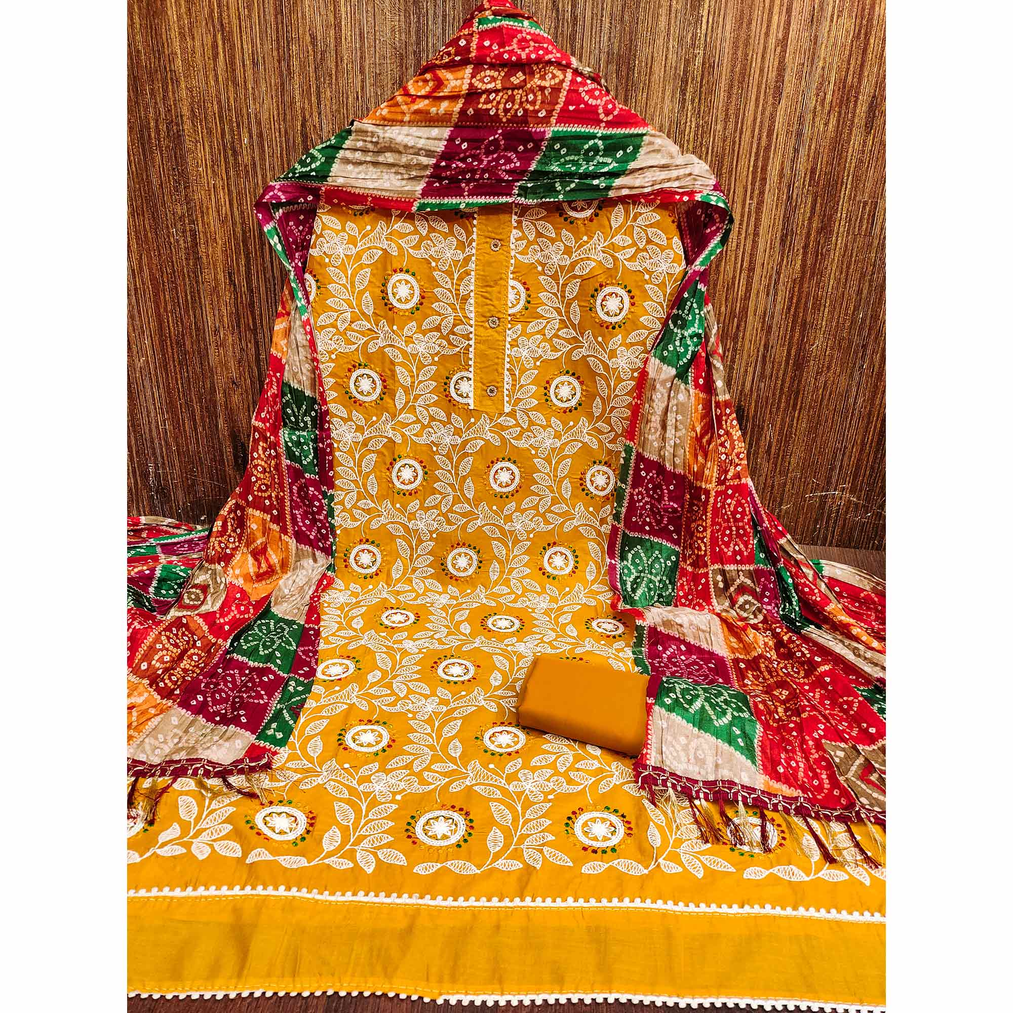 Mustard Floral Embroidered Cotton Blend Dress Material