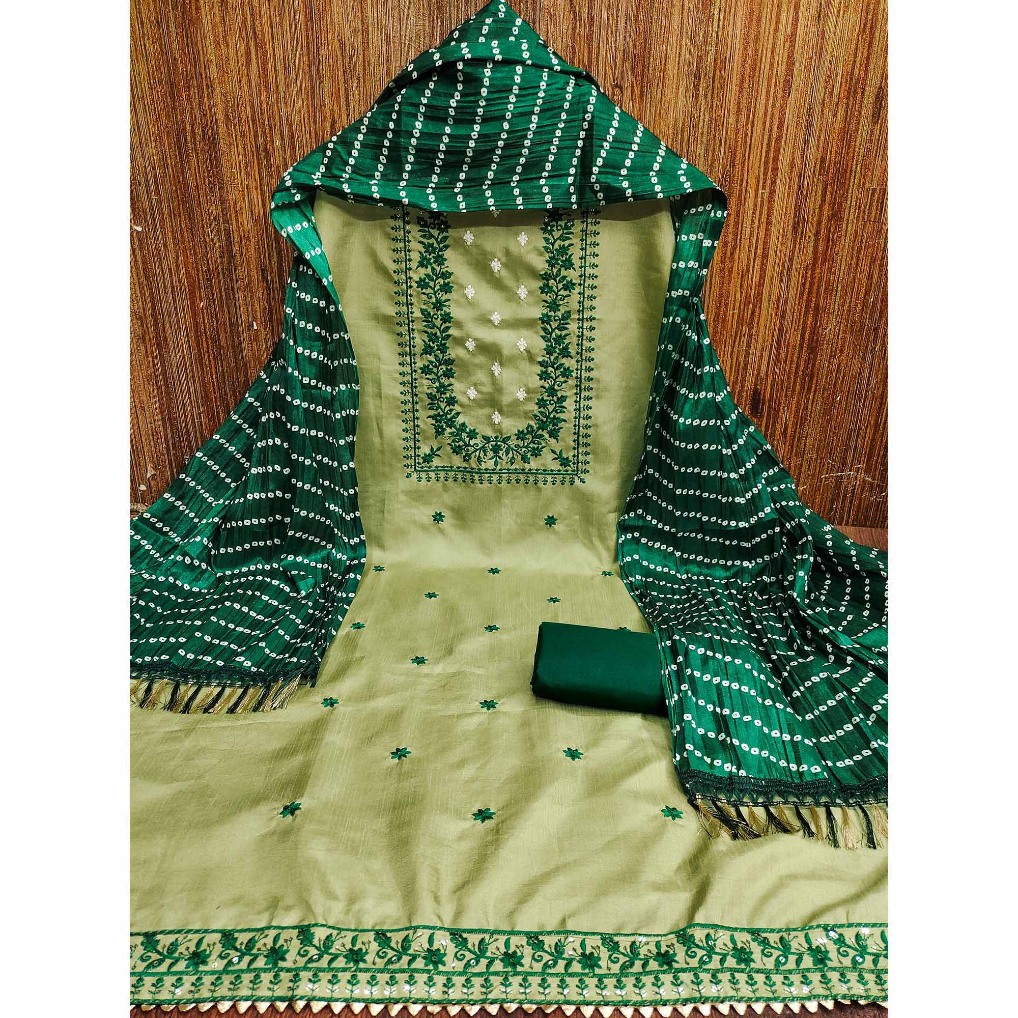 Green Floral Sequins Embroidered Cotton Silk Dress Material