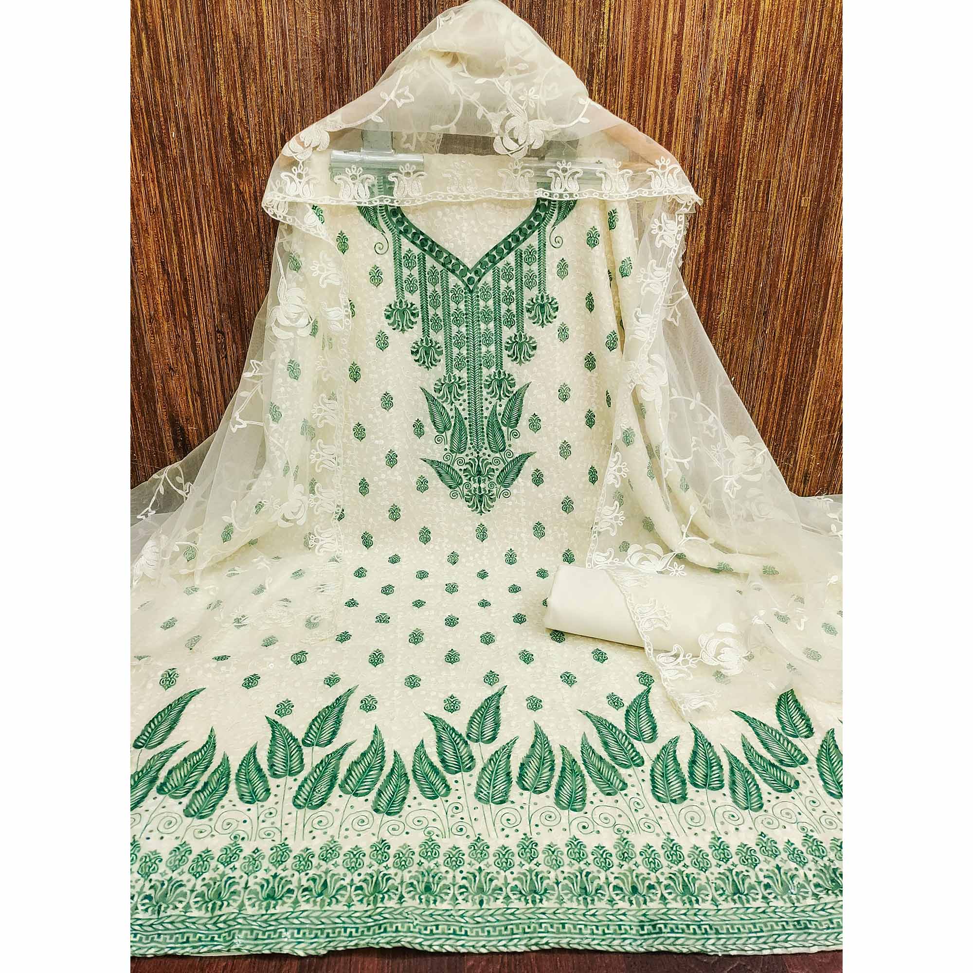 White & Rama Green Schiffli Embroidered Georgette Dress Material With Floral Digital Print