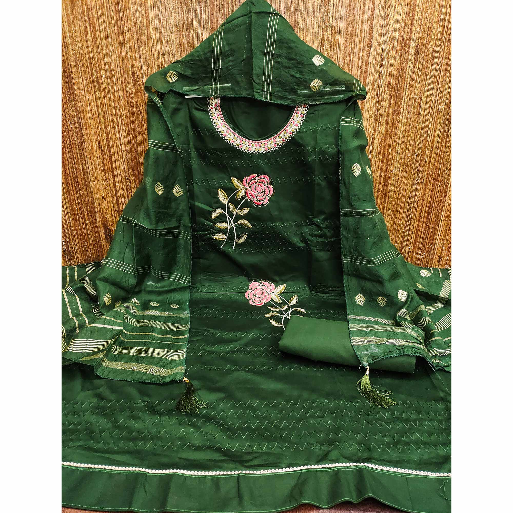 Green Cotton Blend Dress Material Adorned With Swarovski Accents and Floral Threadwork