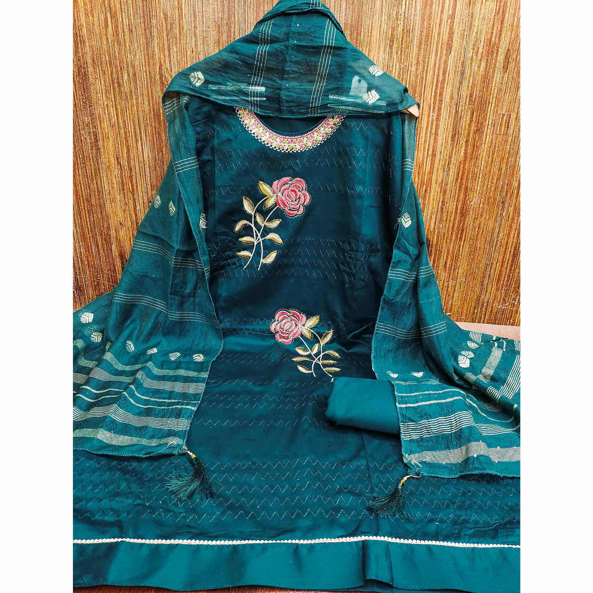 Teal Cotton Blend Dress Material Adorned With Swarovski Accents and Floral Threadwork