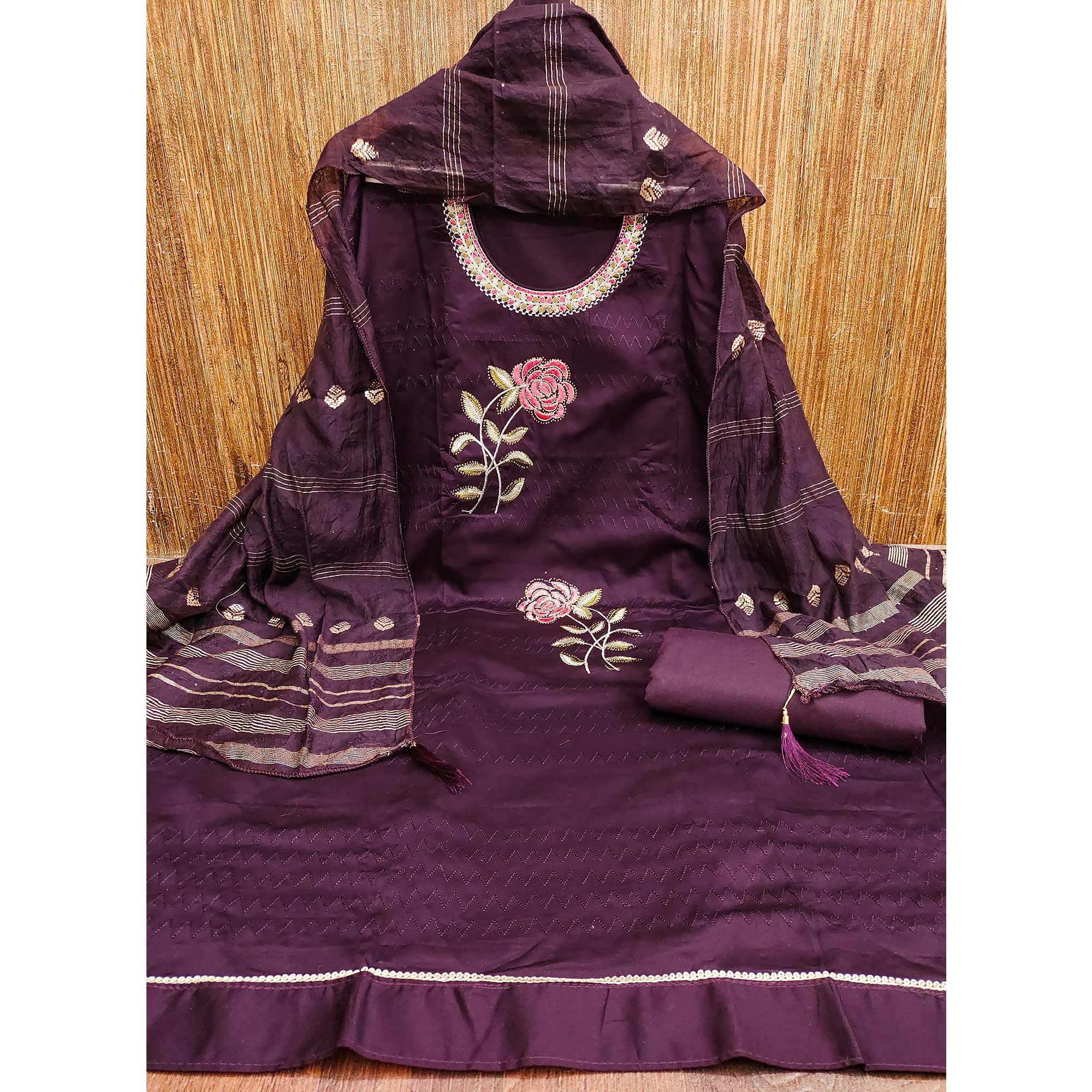 Wine Cotton Blend Dress Material Adorned With Swarovski Accents and Floral Threadwork