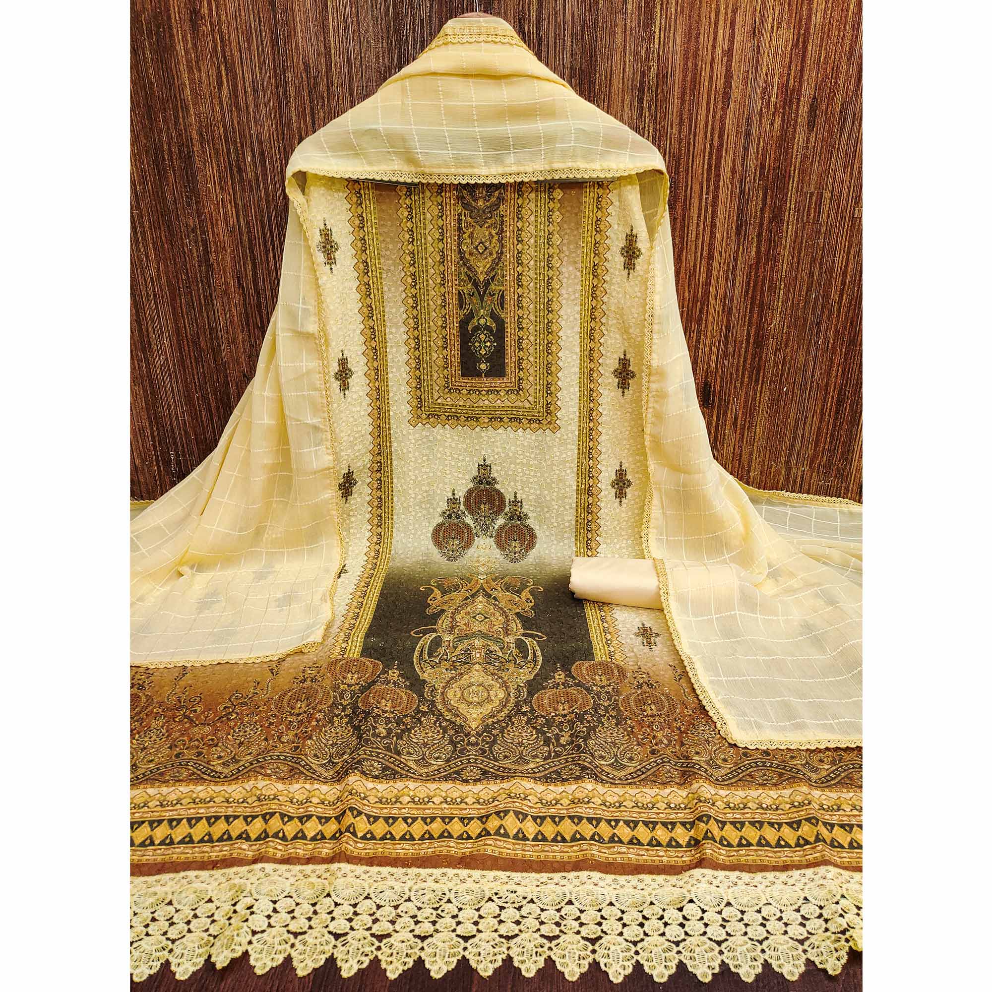 Yellow Cotton Blend Dress Material With Elegant Schiffli Work & Artistic Digital Print