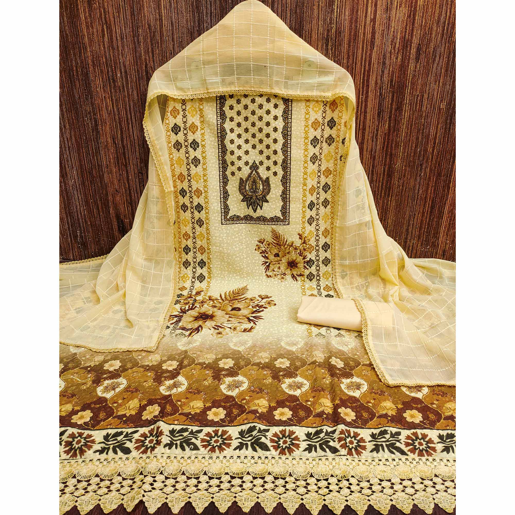 Yellow Schiffli Embroidered Cotton Blend Dress Material With Floral Digital Print