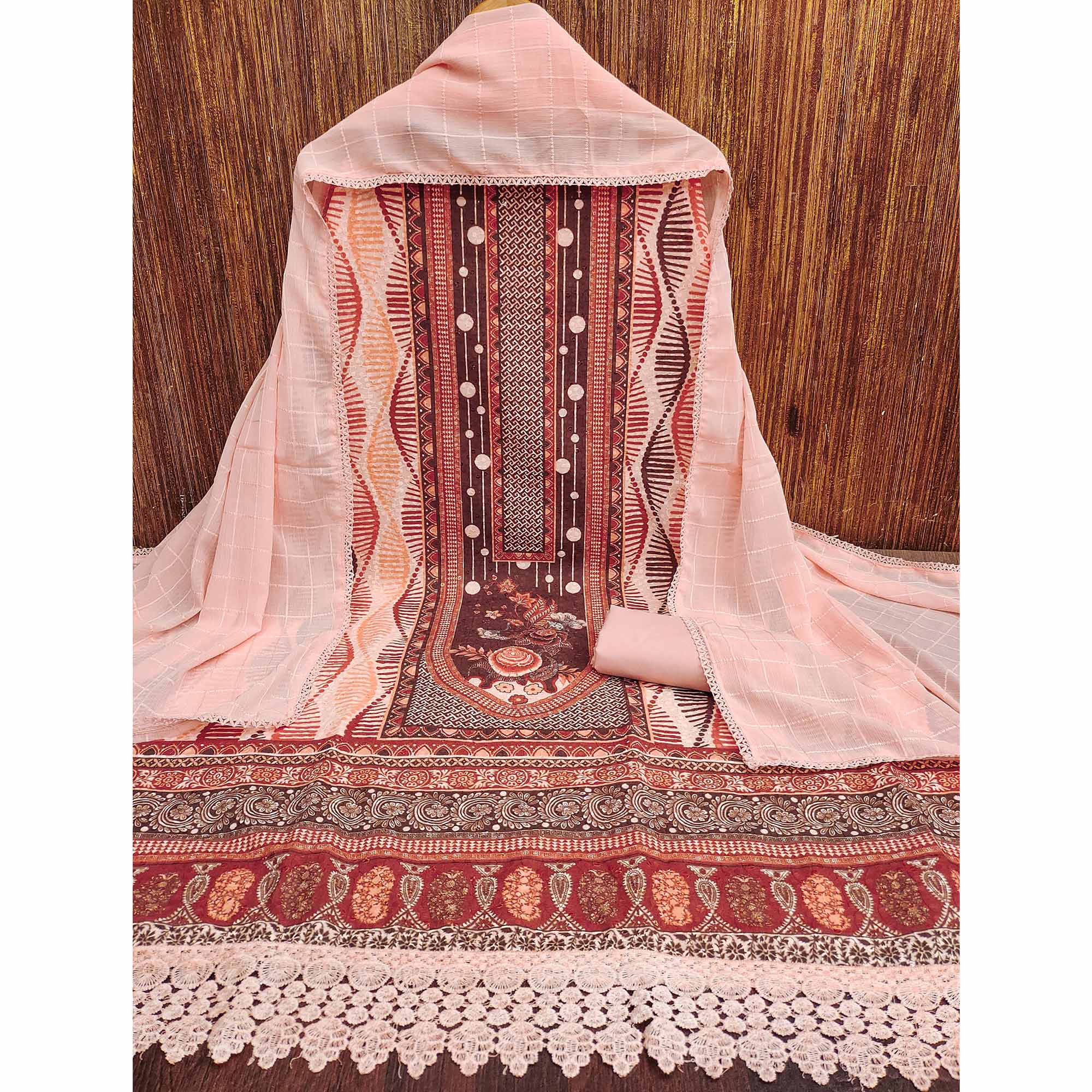 Peach Cotton Blend Dress Material With Schiffli Embroidery & Floral Digital Print