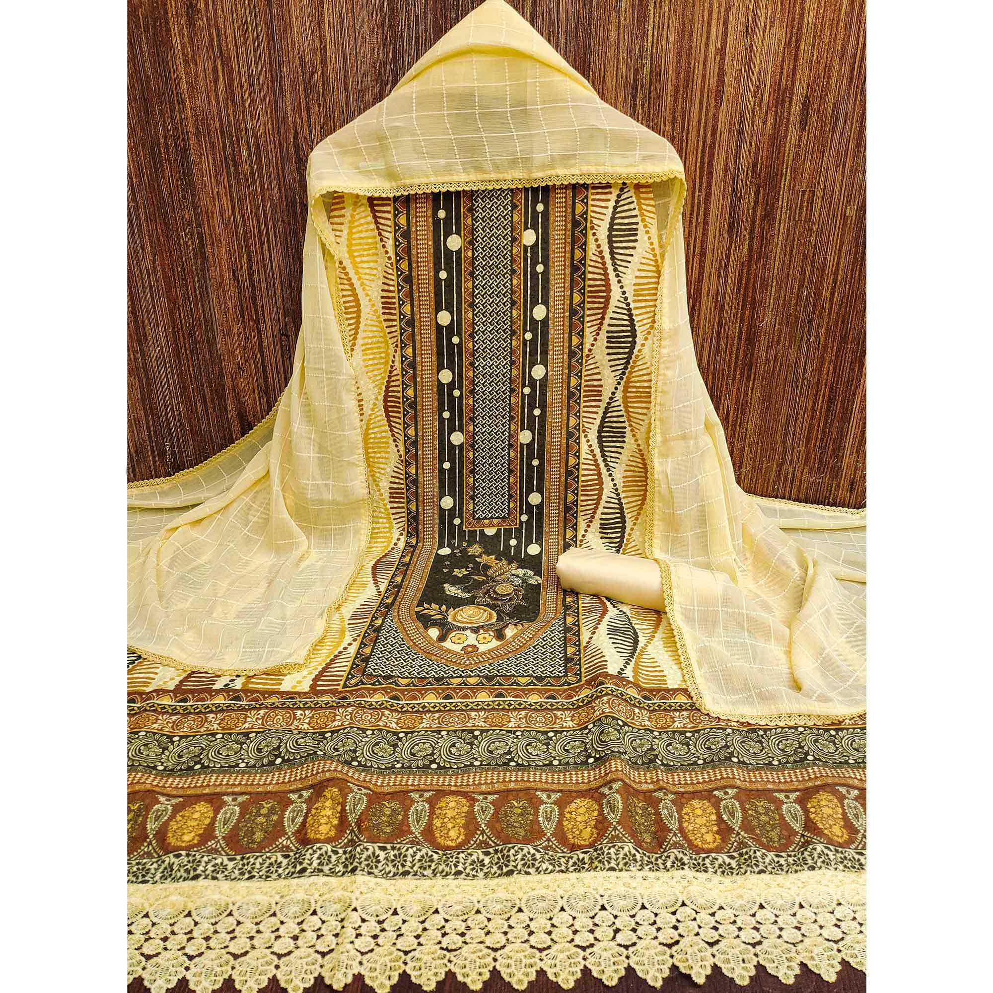 Yellow Cotton Blend Dress Material With Schiffli Embroidery & Floral Digital Print