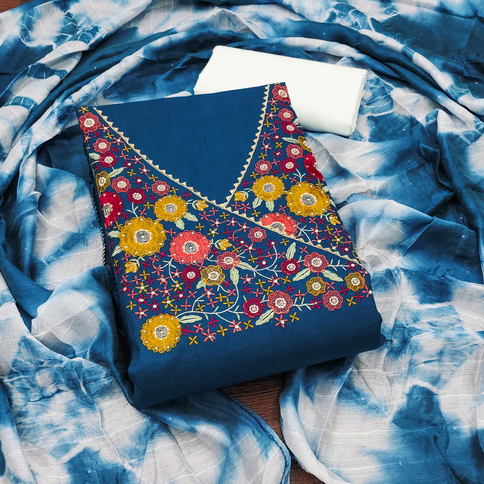 Blue Cotton Blend Dress Material With Floral Thread Embroidery