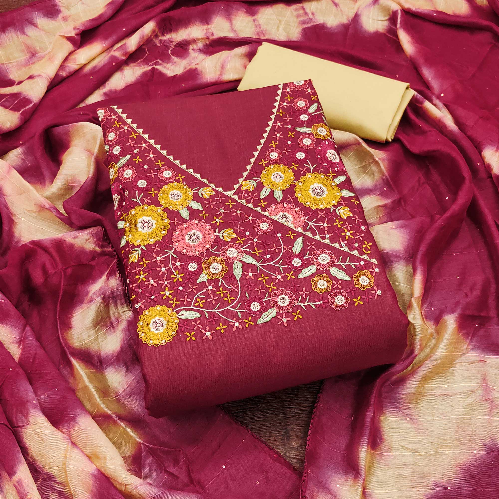 Pink Cotton Blend Dress Material With Floral Thread Embroidery