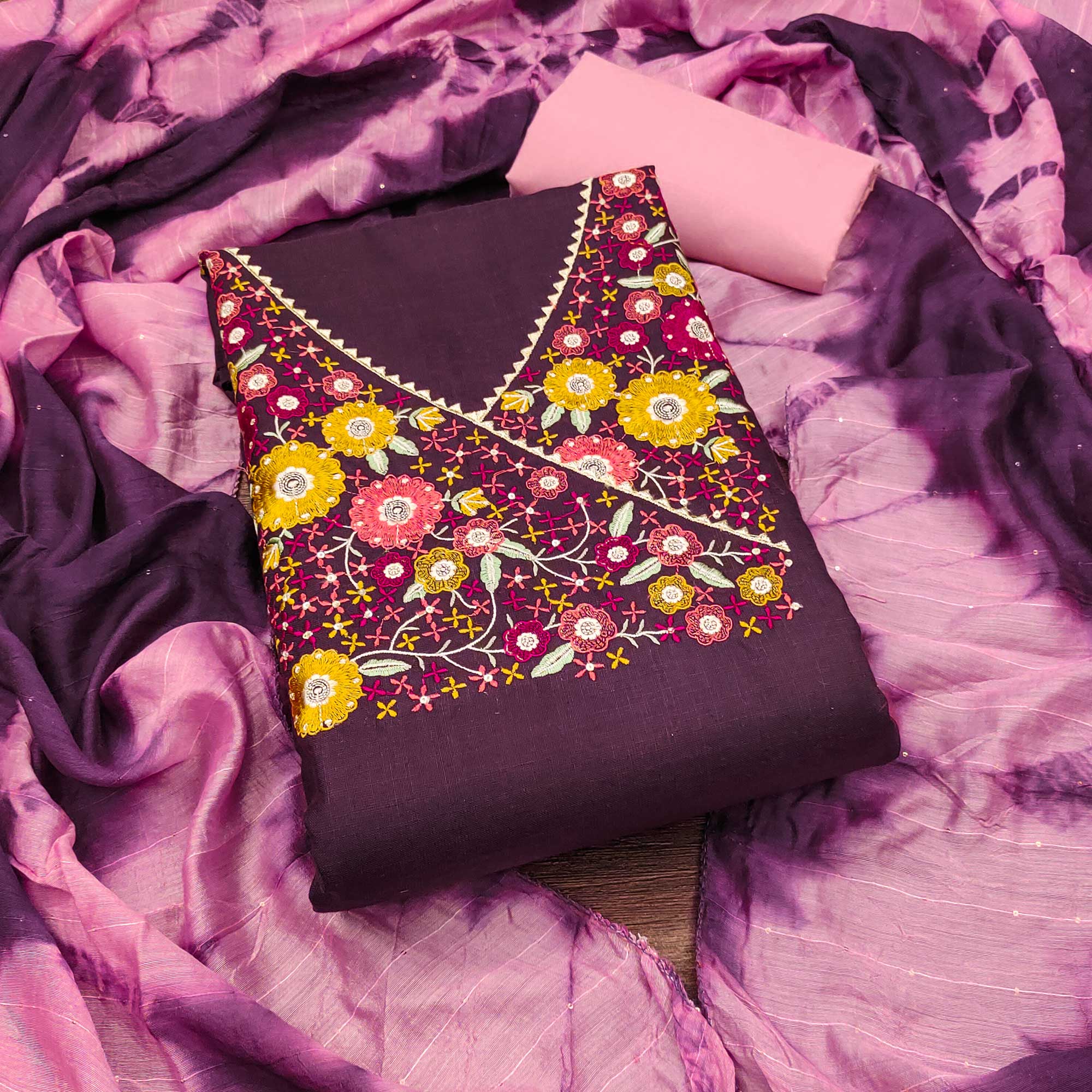 Wine Cotton Blend Dress Material With Floral Thread Embroidery