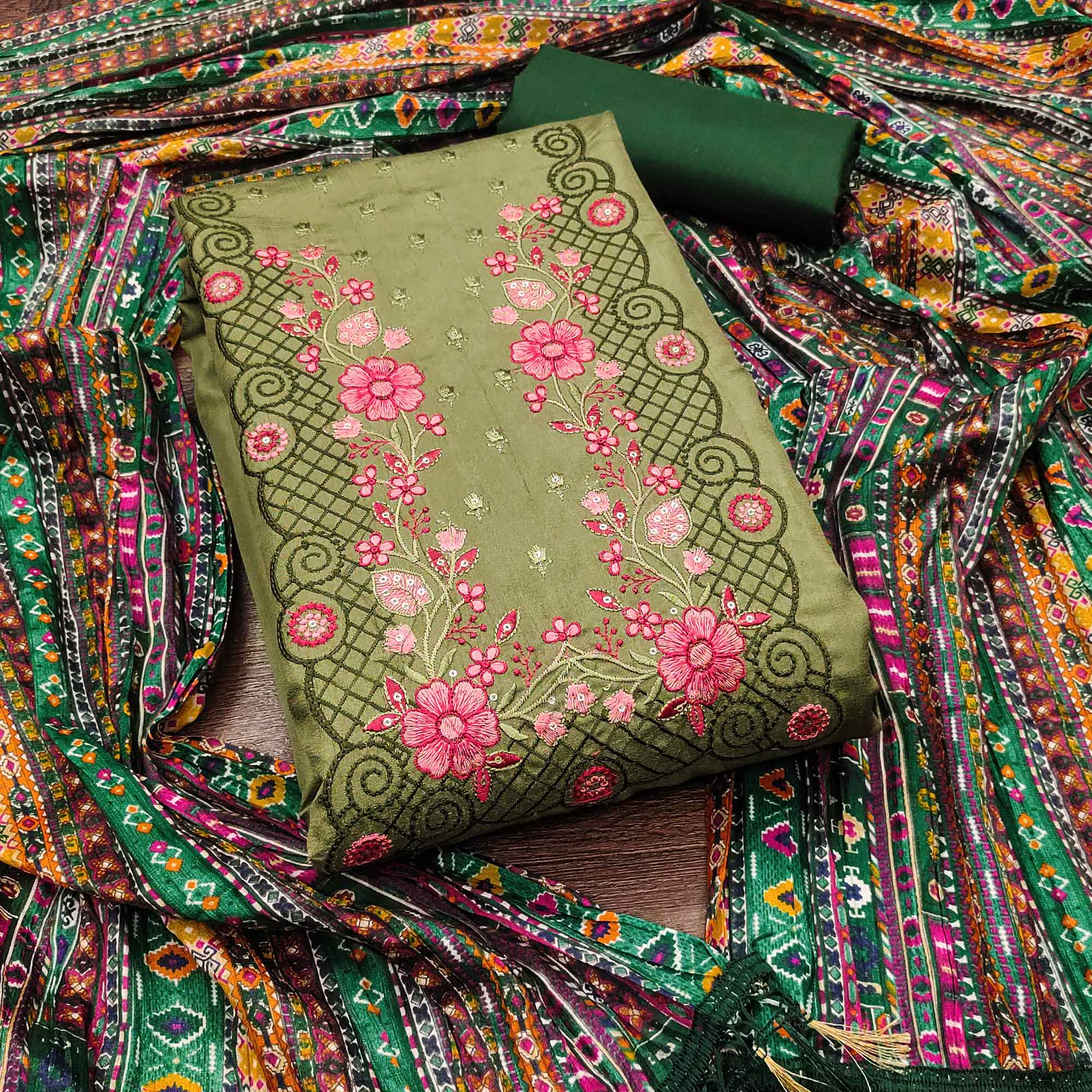 Green Floral Sequins Embroidered Cotton Silk Dress Material