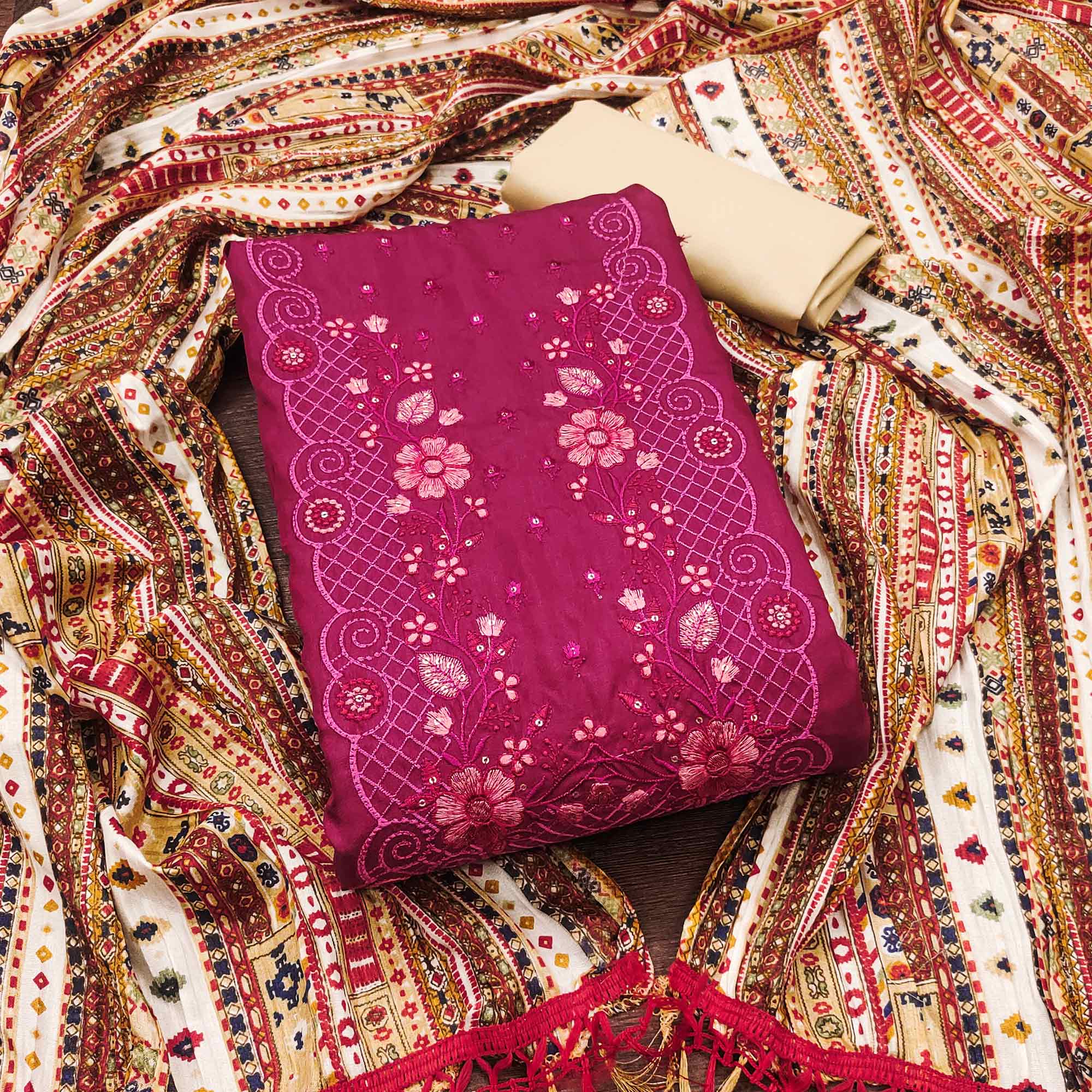 Pink Floral Sequins Embroidered Cotton Silk Dress Material