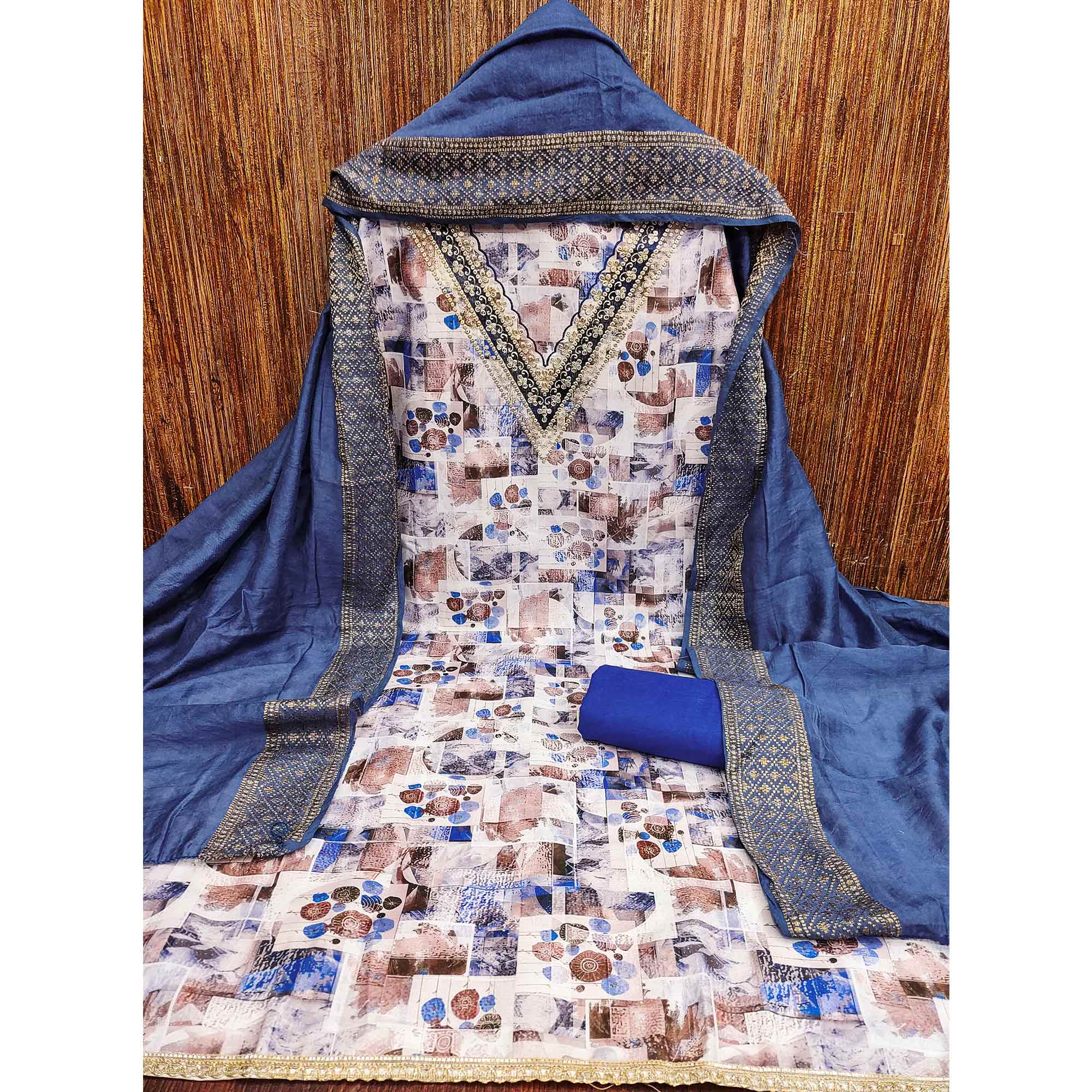 Blue Digital Printed Cotton Blend Dress Material With Intricate Neck Embroidery