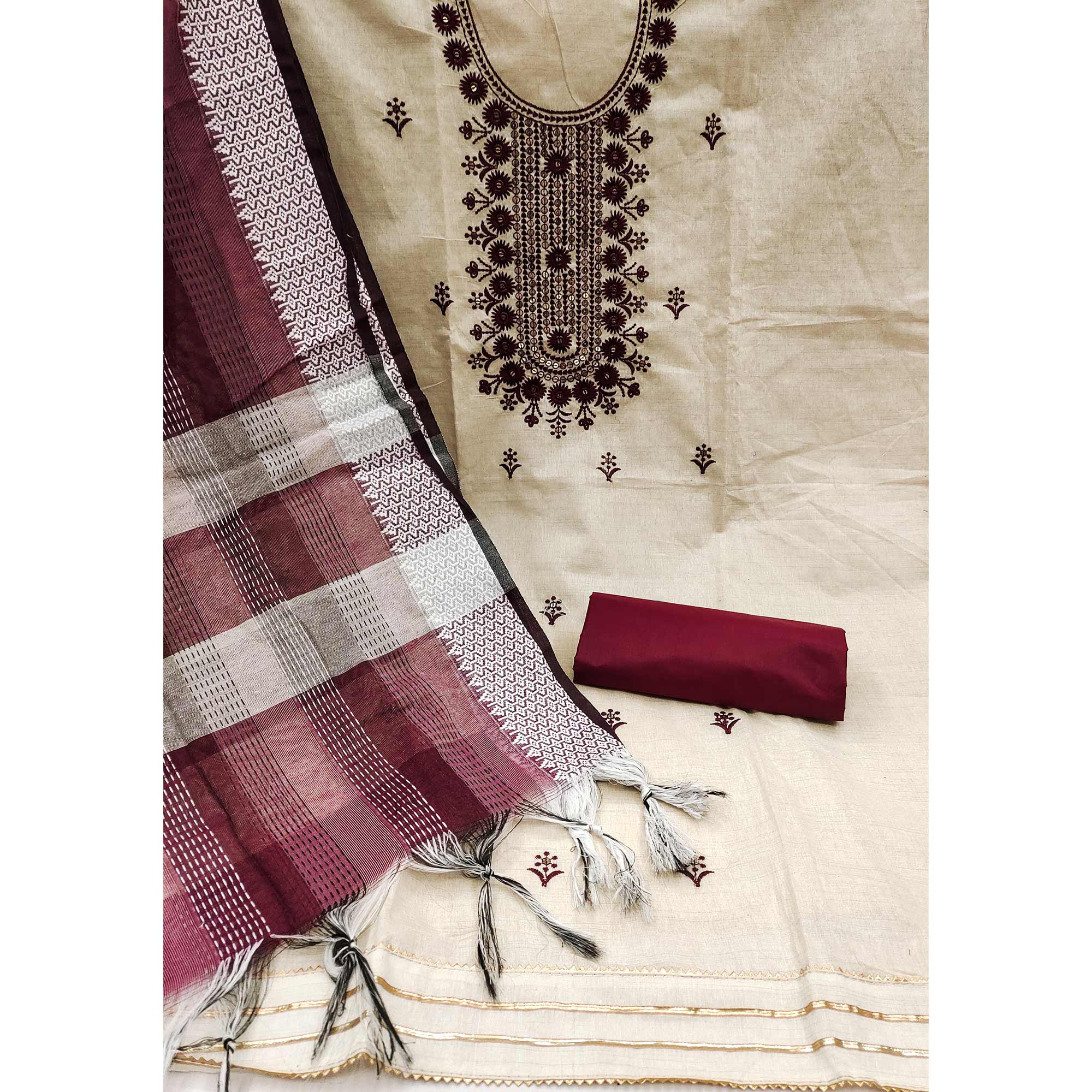 Cream & Maroon Floral Sequins Embroidered Cotton Blend Dress Material