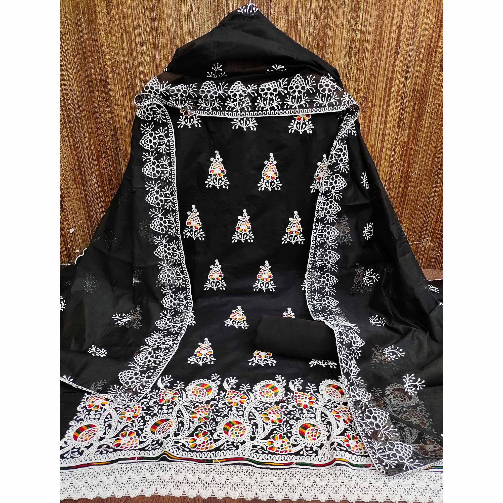 Black Floral Embroidered Chanderi Cotton Dress Material