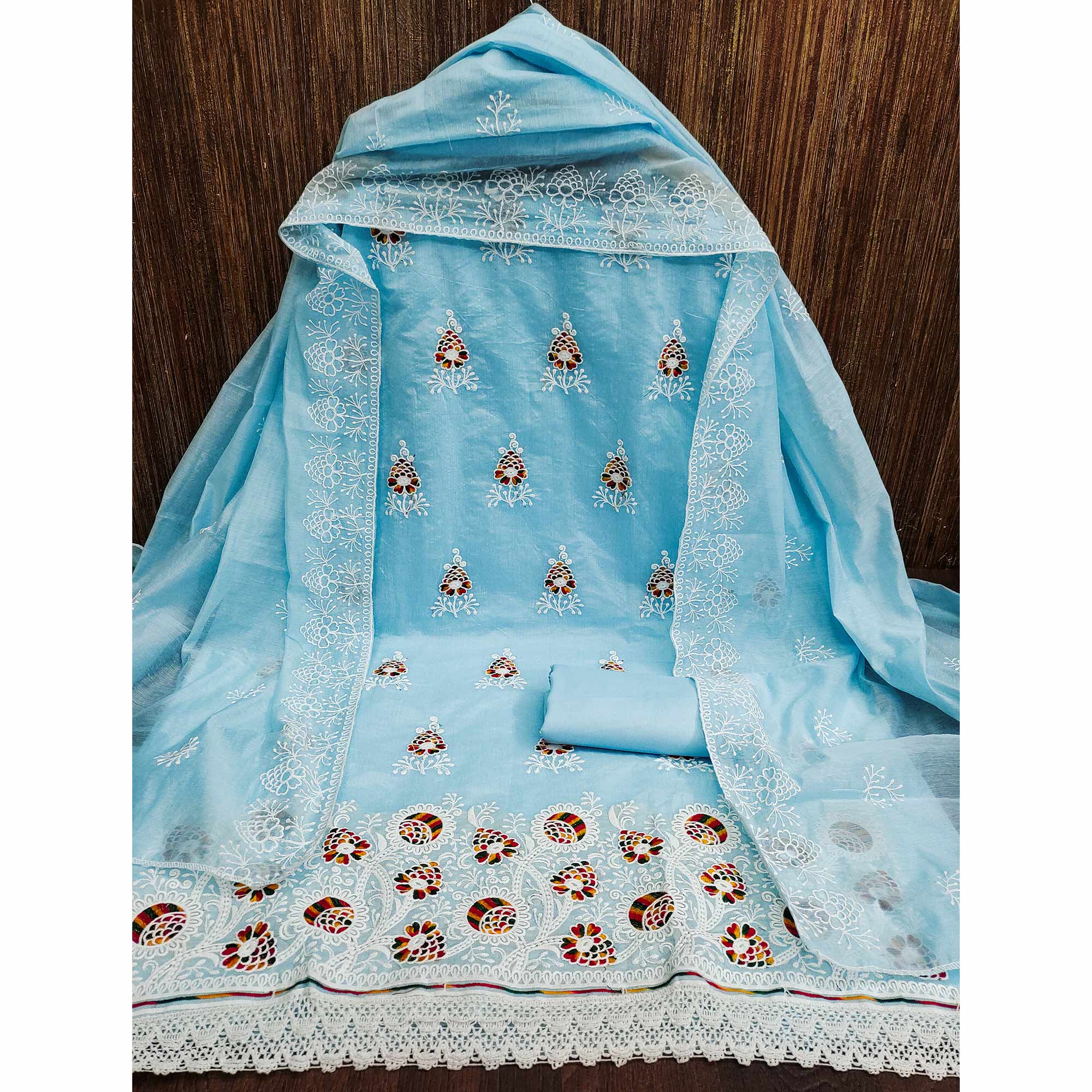 Blue Floral Embroidered Chanderi Cotton Dress Material