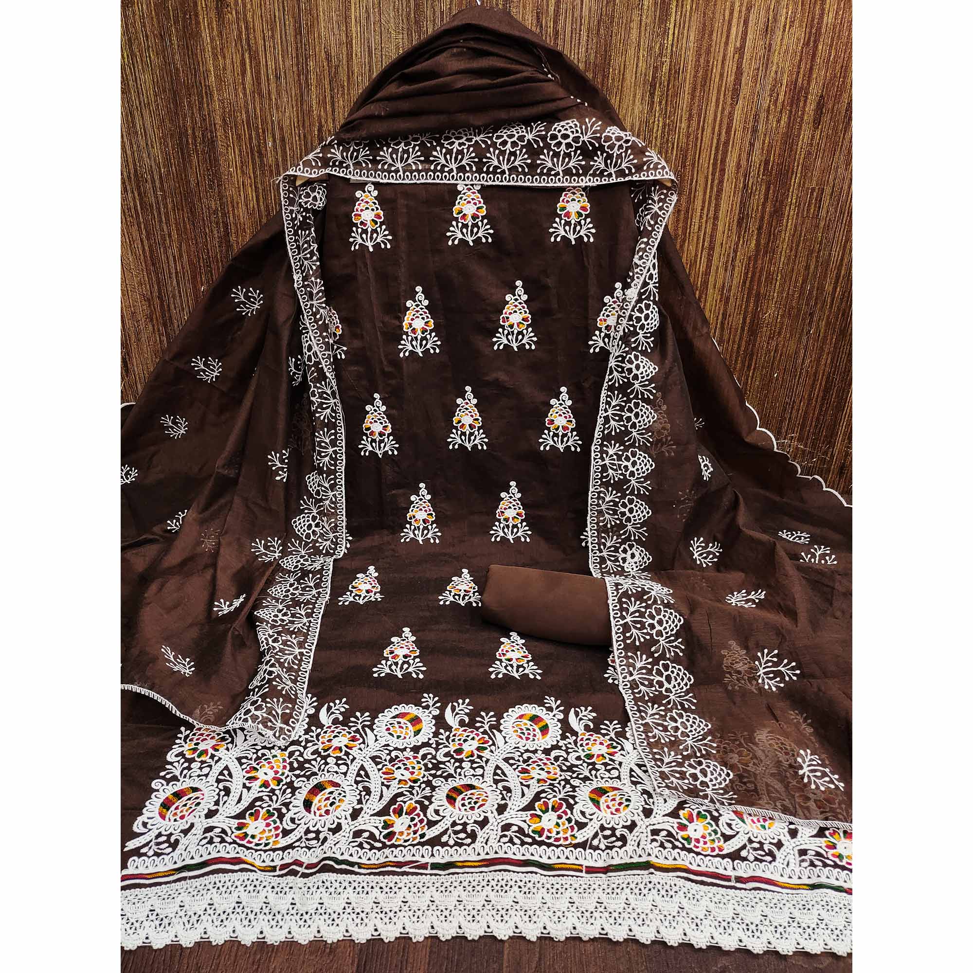 Brown Floral Embroidered Chanderi Cotton Dress Material