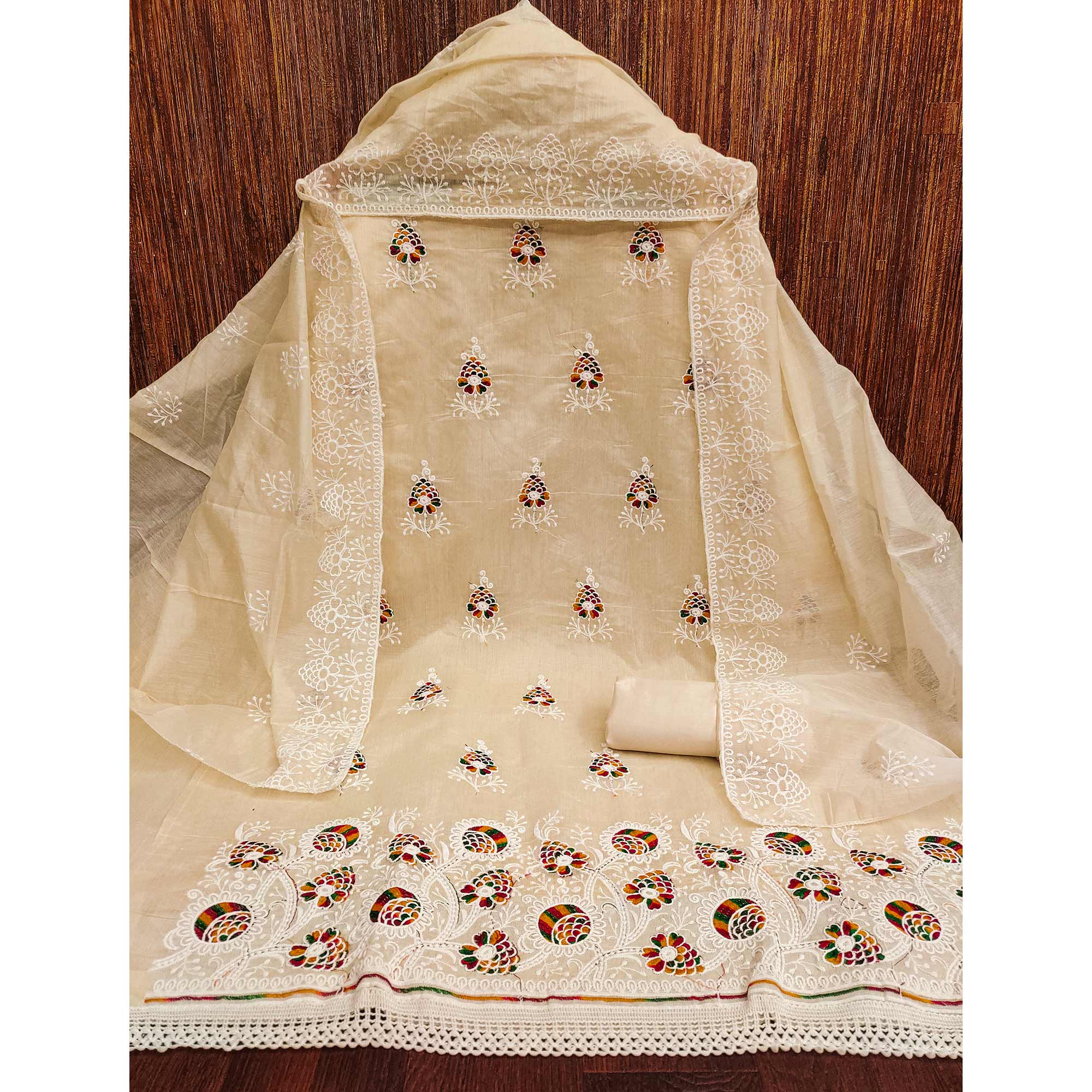Cream Chanderi Cotton Dress Material with Elegant Floral Thread Embroidery