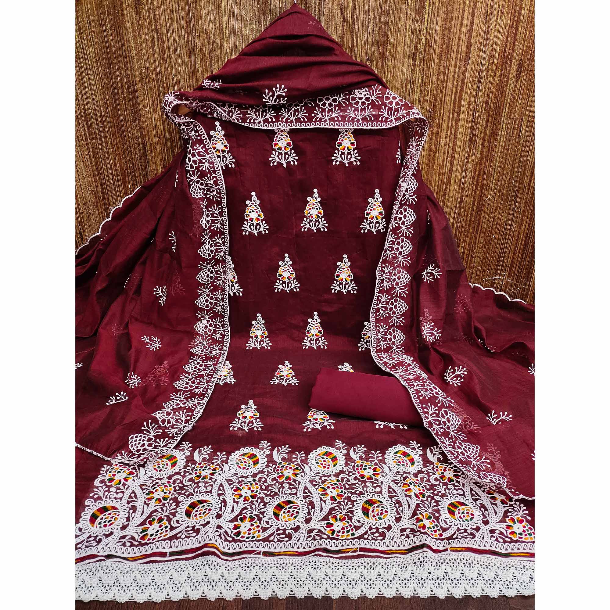 Maroon Floral Embroidered Chanderi Cotton Dress Material