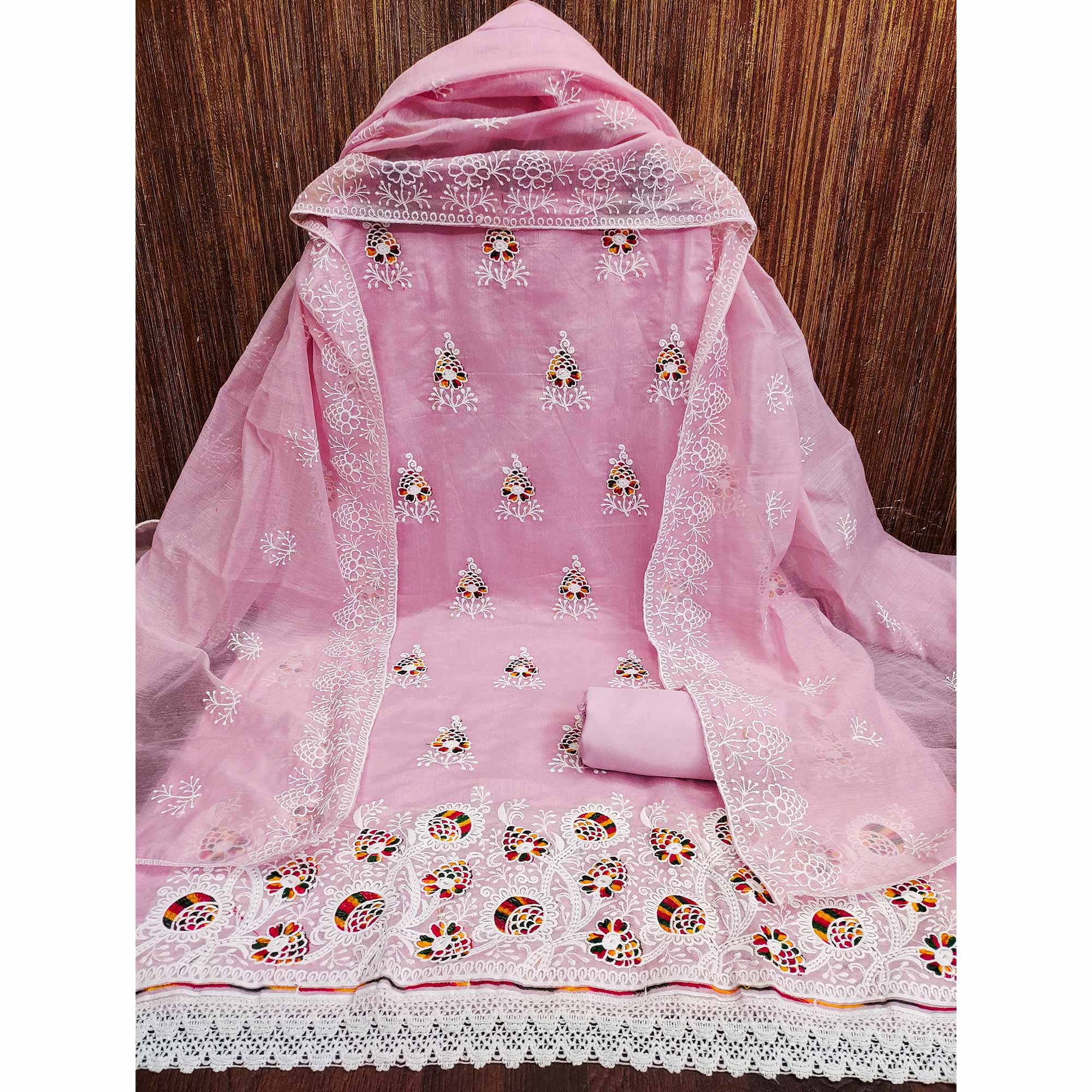 Pink Floral Embroidered Chanderi Cotton Dress Material