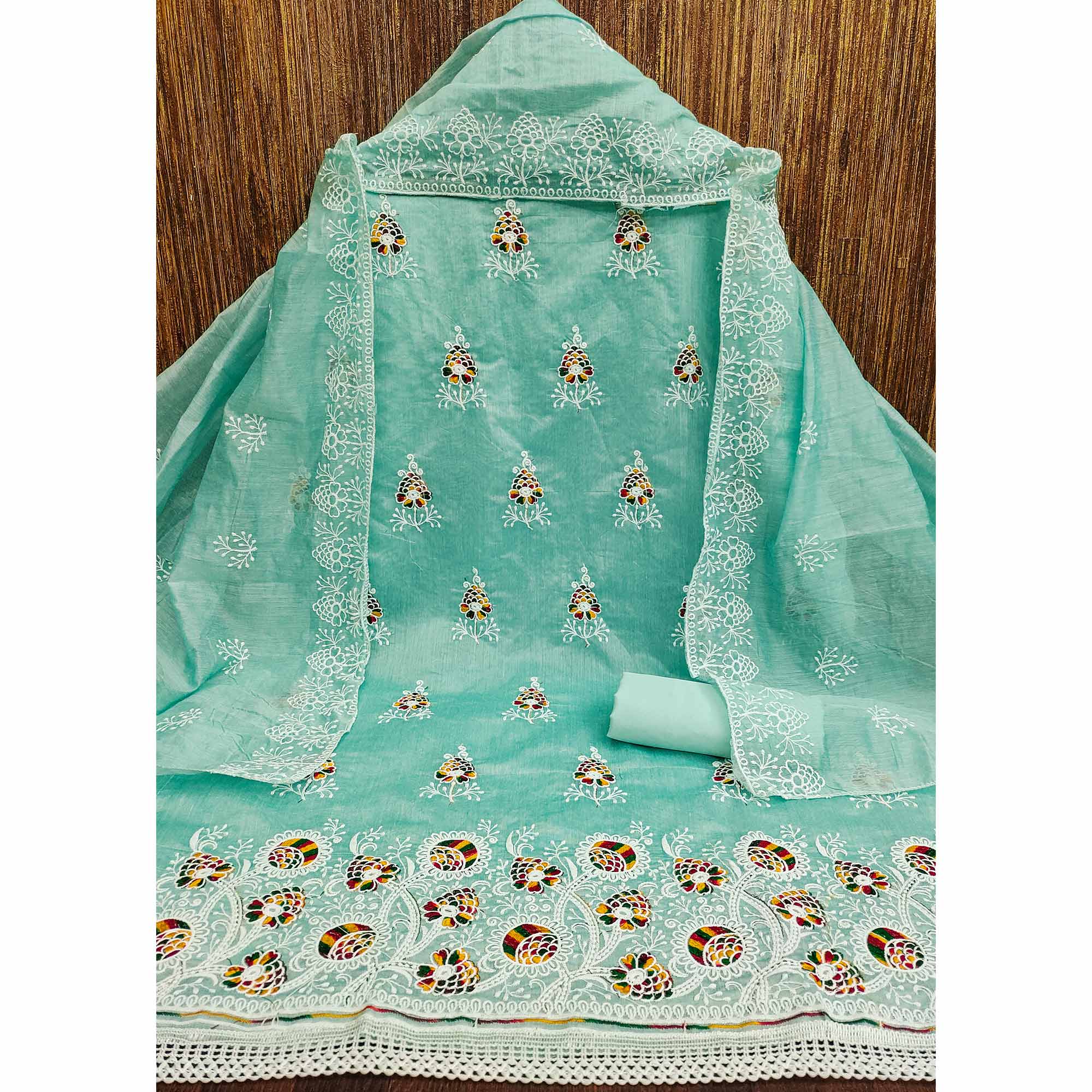 Turquoise Chanderi Cotton Dress Material with Elegant Floral Thread Embroidery