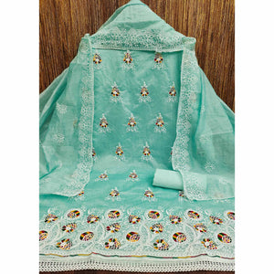 Turquoise Chanderi Cotton Dress Material with Elegant Floral Thread Embroidery