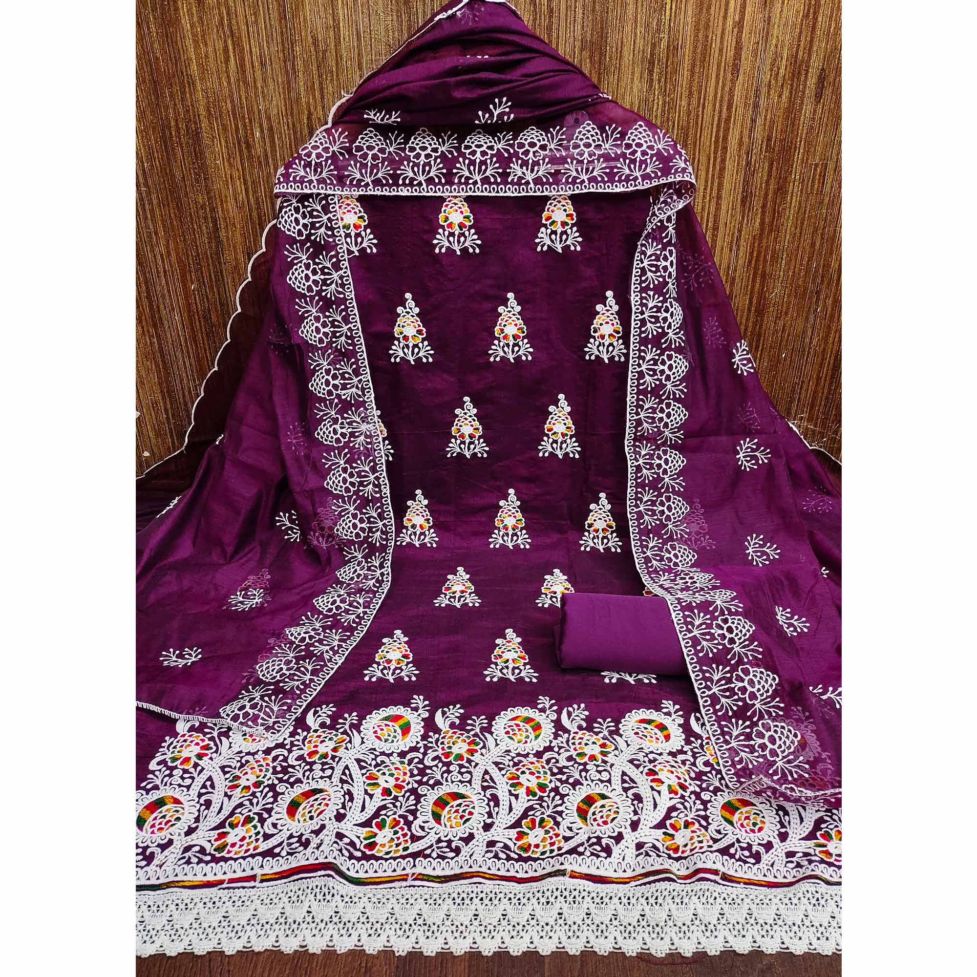 Wine Floral Embroidered Chanderi Cotton Dress Material